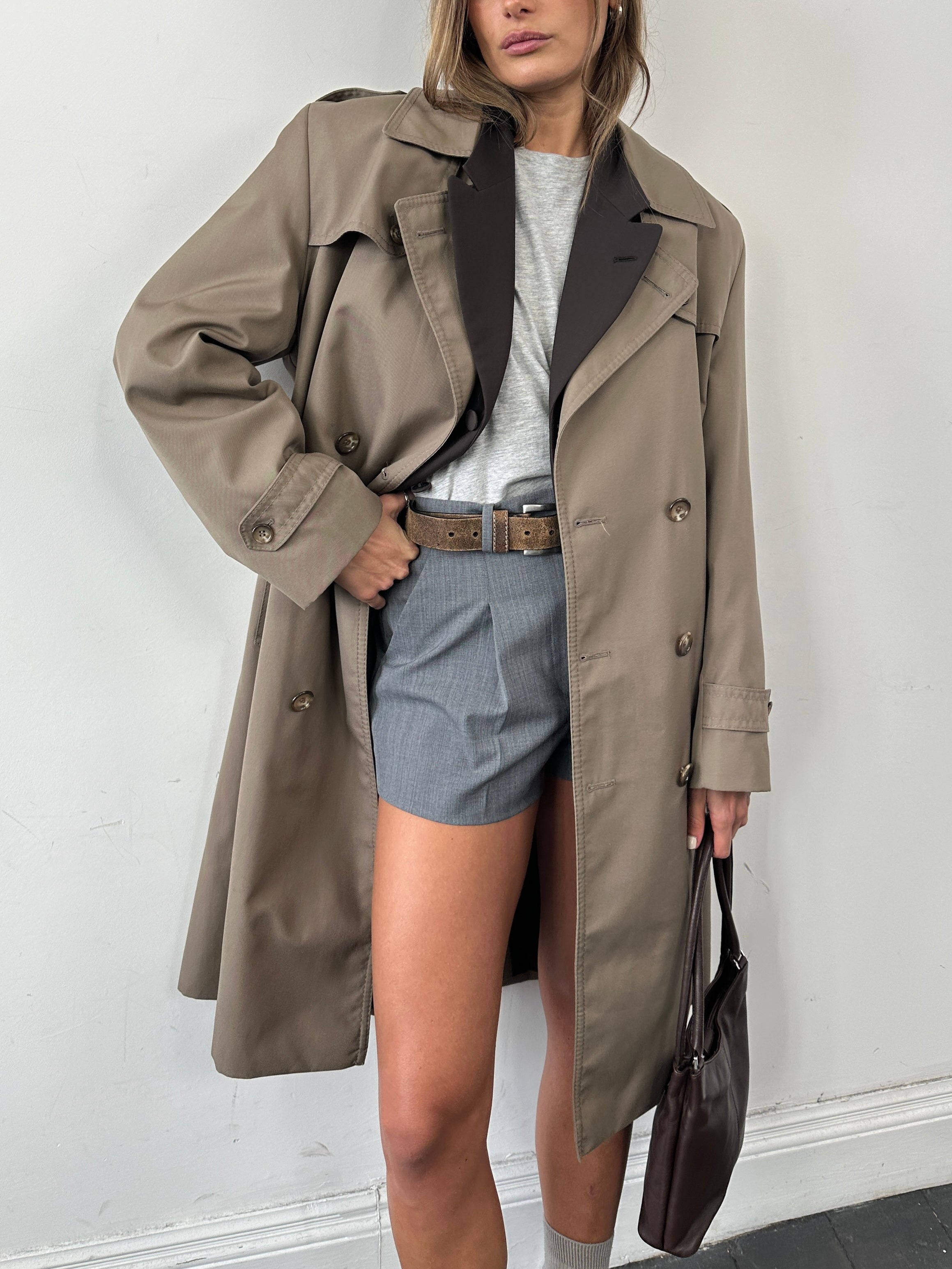 St Michael cotton double-breasted belted trench coat in size L/XL, featuring classic design, button details, and a stylish belt.