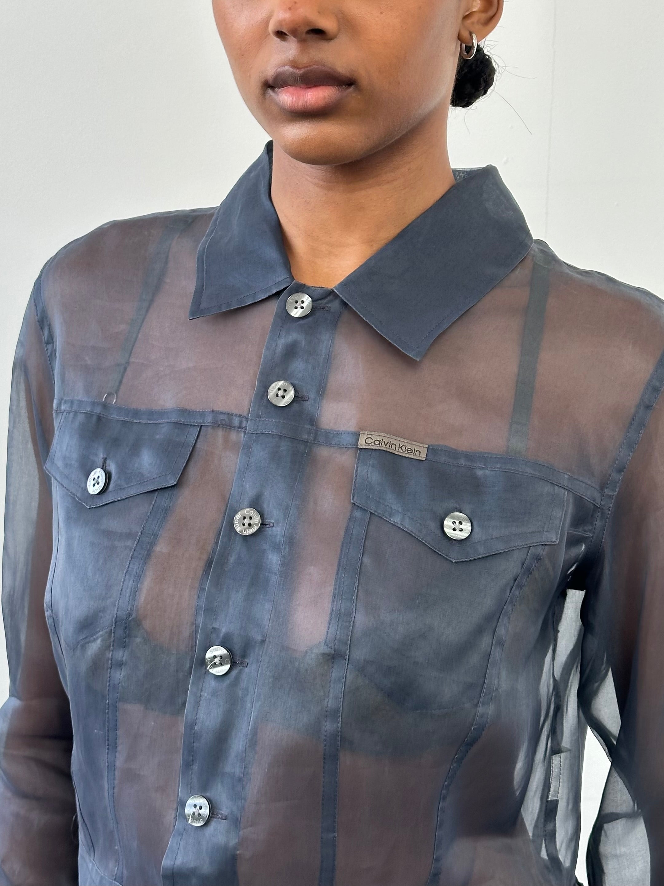 Vintage Calvin Klein Jeans 2000s pure silk sheer jacket in size M, lightweight and semi-transparent with a classic collar and long sleeves.