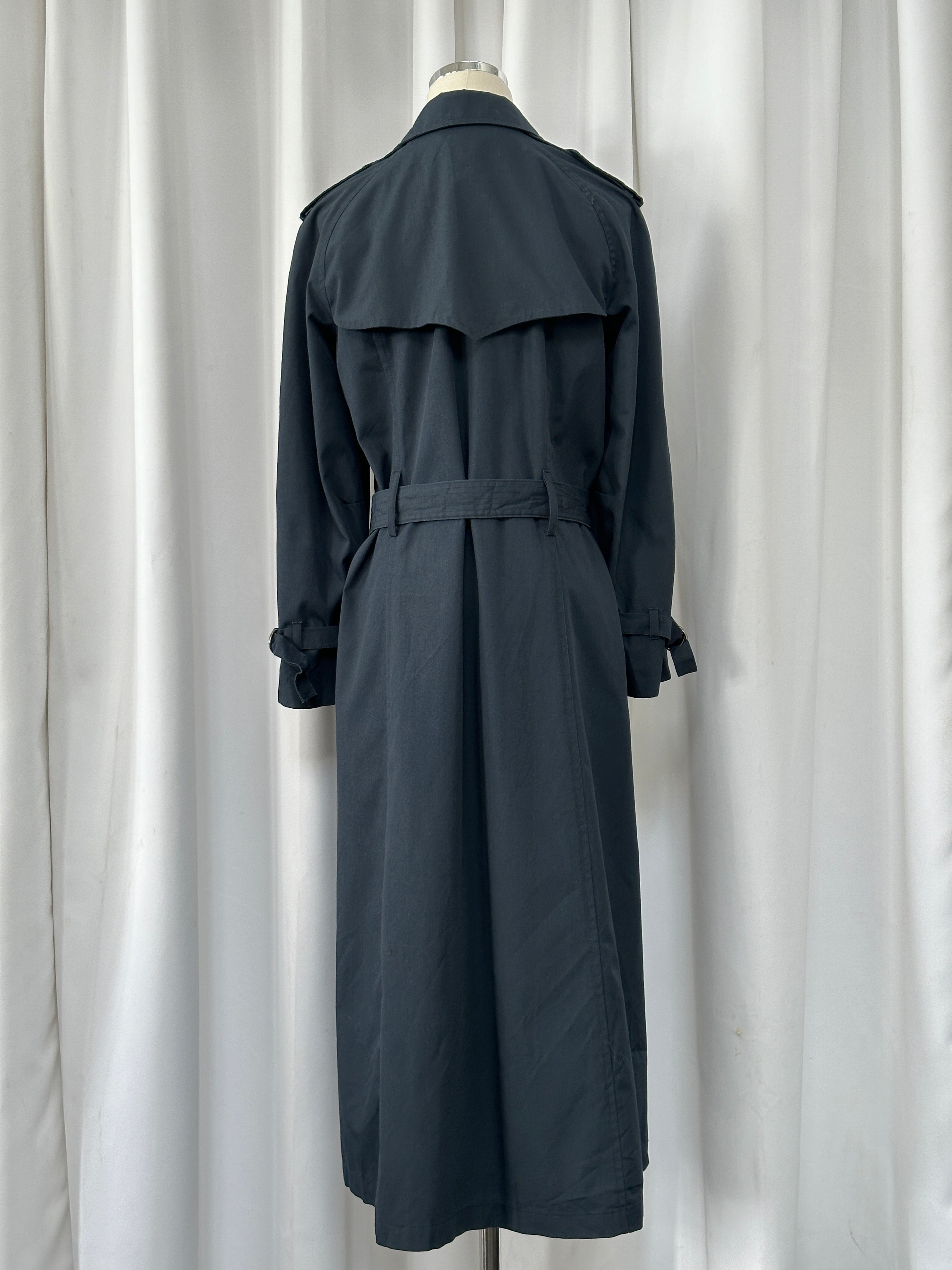 London Fog 1980s double-breasted cotton trench coat in size S, shown in a classic beige color with belt and button details.