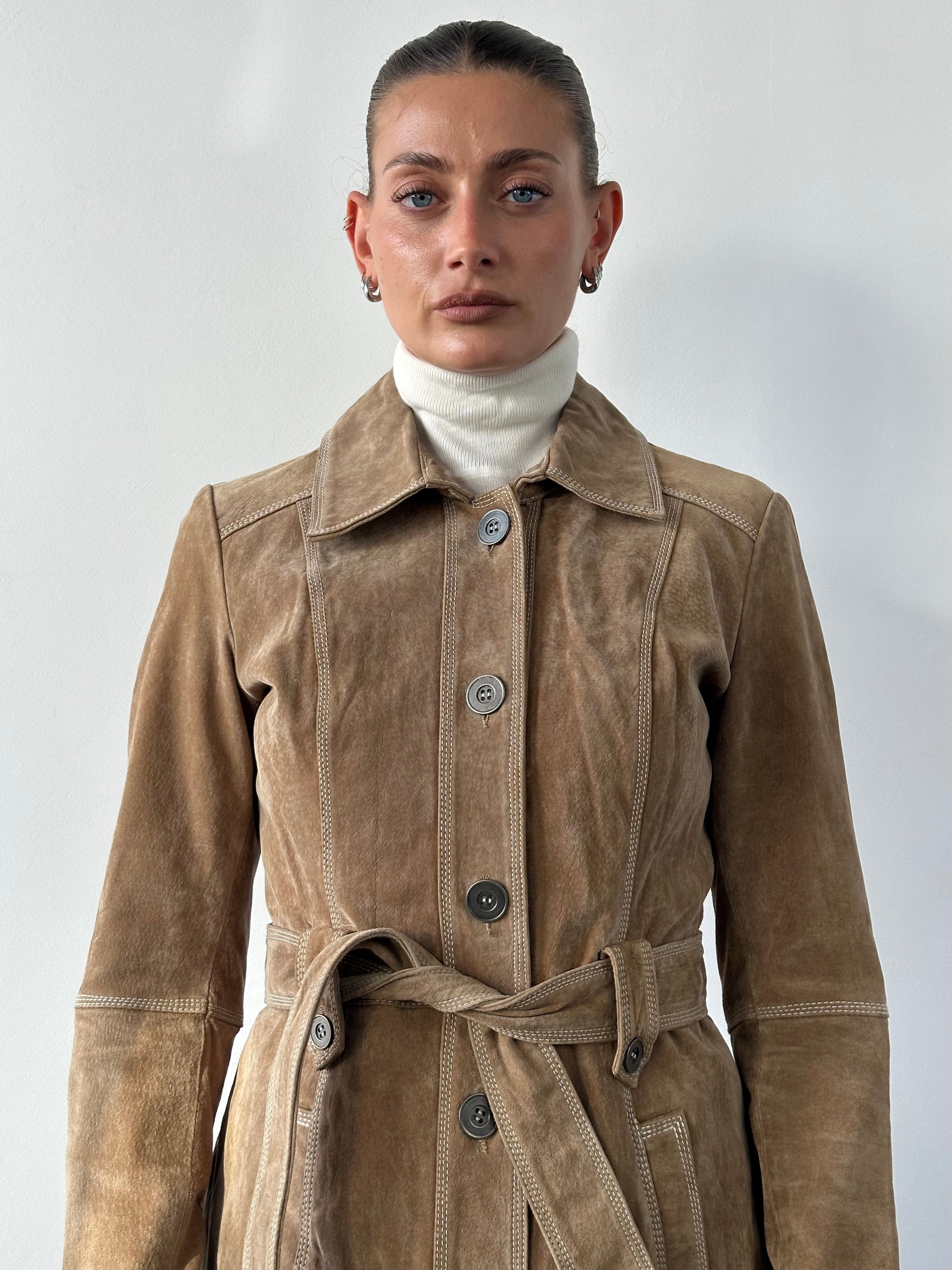 Vintage suede belted jacket in size M, stylish and classic outerwear with a vintage-inspired design and adjustable belt.