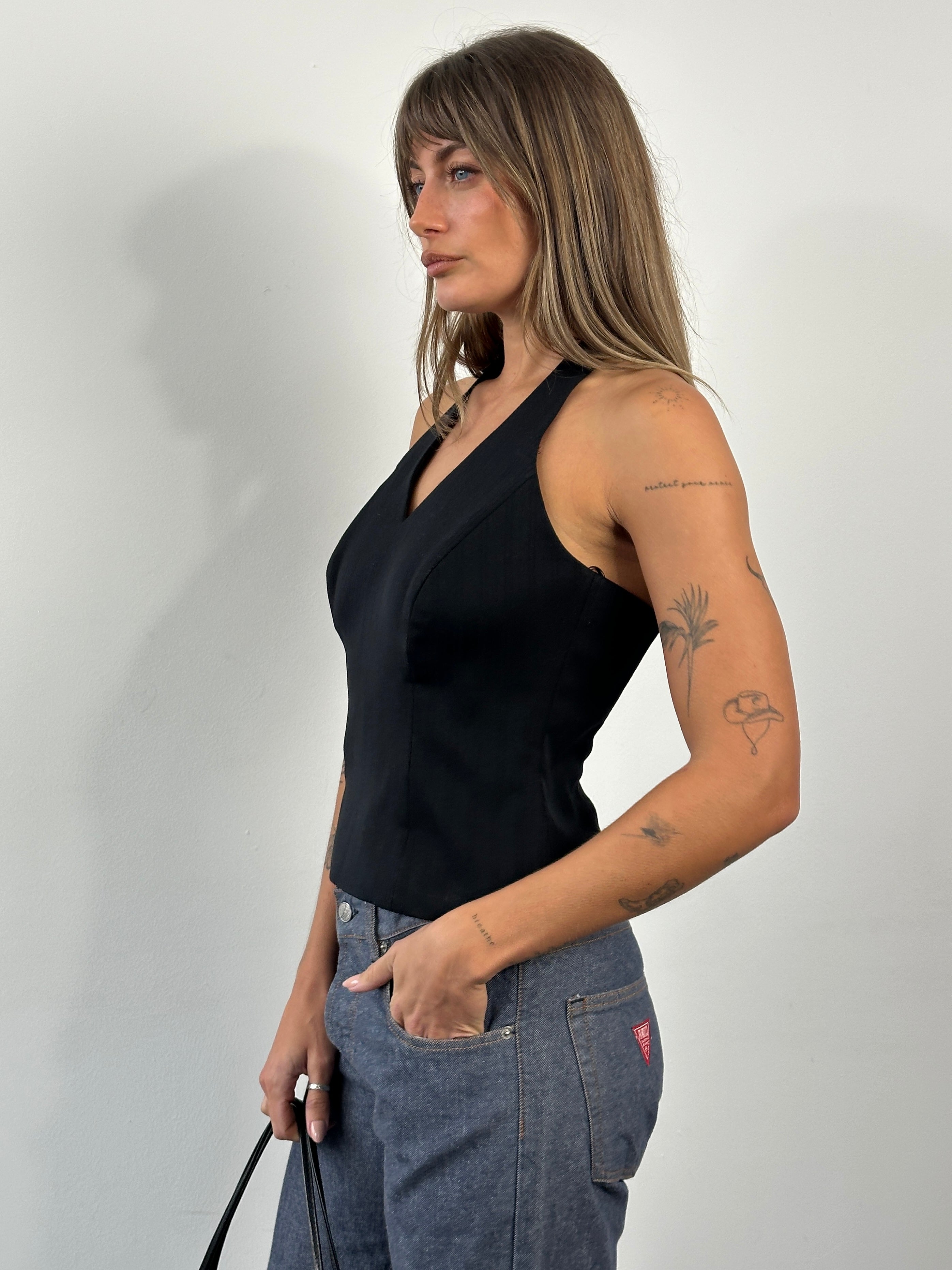 Fiorucci 1990s Safety Jean high-waisted straight-leg denim jeans in W32, shown in a classic blue wash with front pockets and belt loops.