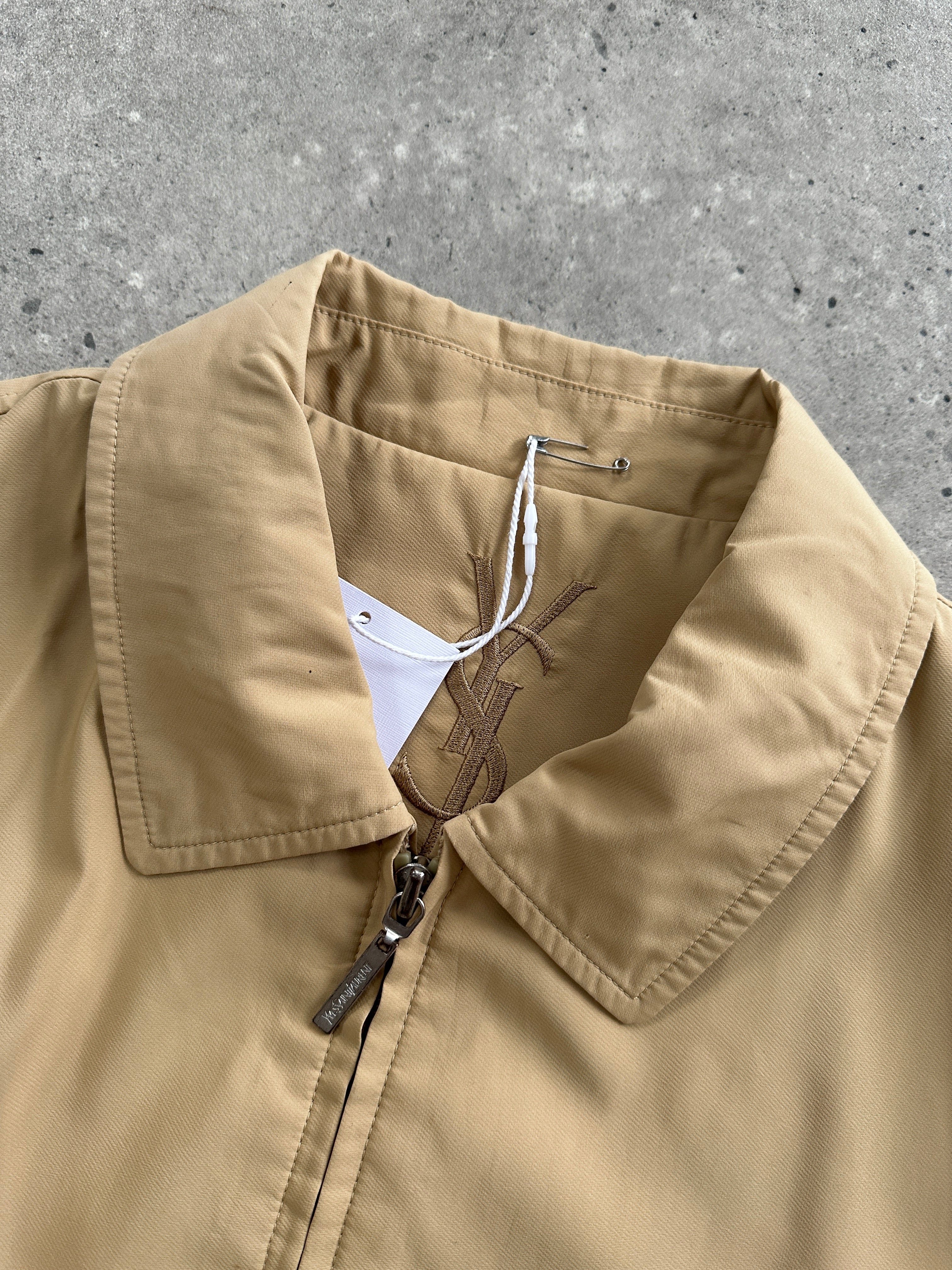 Yves Saint Laurent Pour Homme showerproof logo bomber jacket in size L, black with YSL branding, front view showing design details