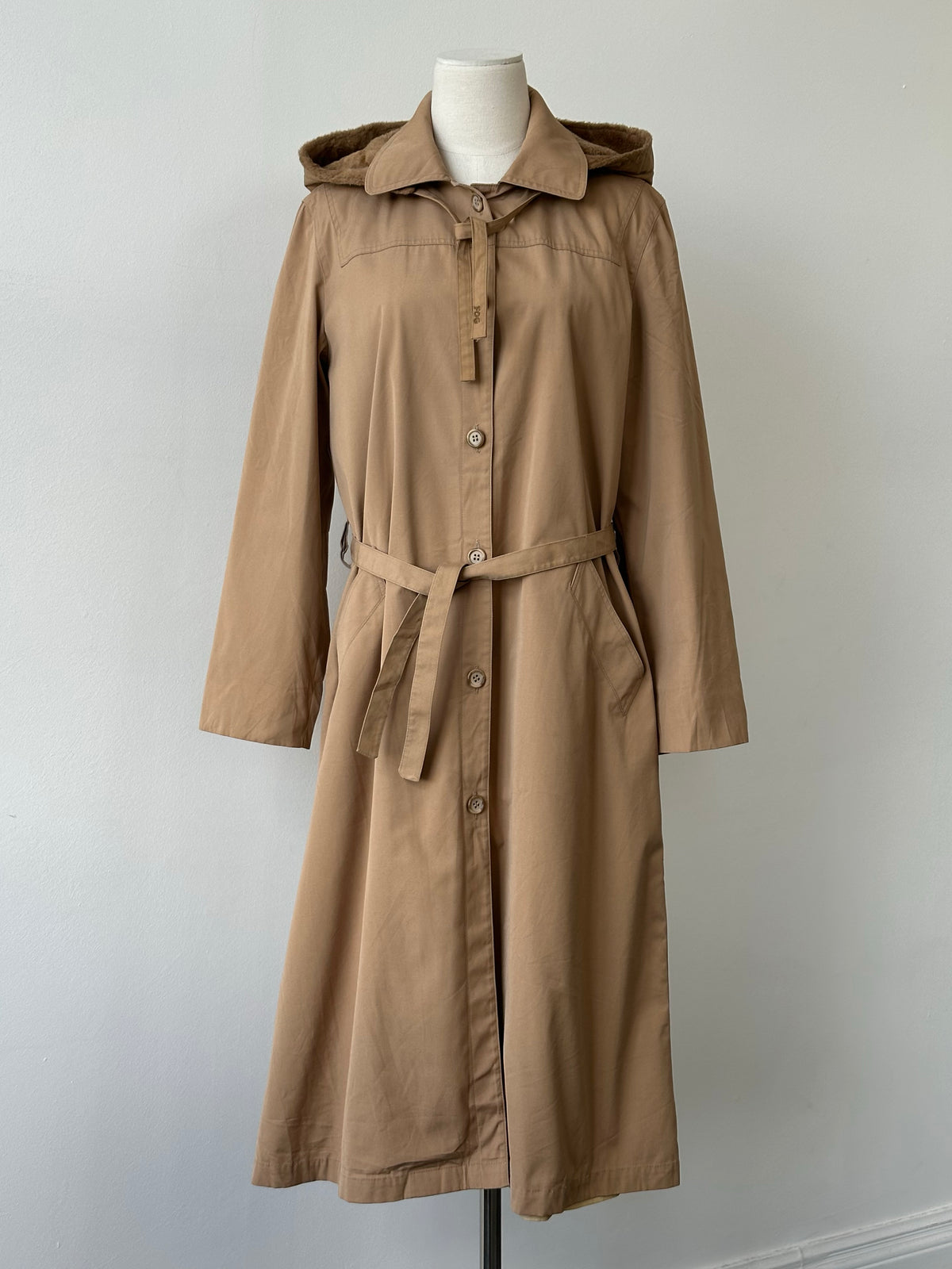 London Fog 1980s Cotton Belted Hooded Belted Trench - M