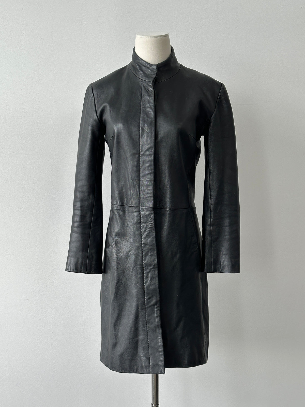 Vintage 1990s High Neck Concealed Placket Leather Trench Coat - XS-S