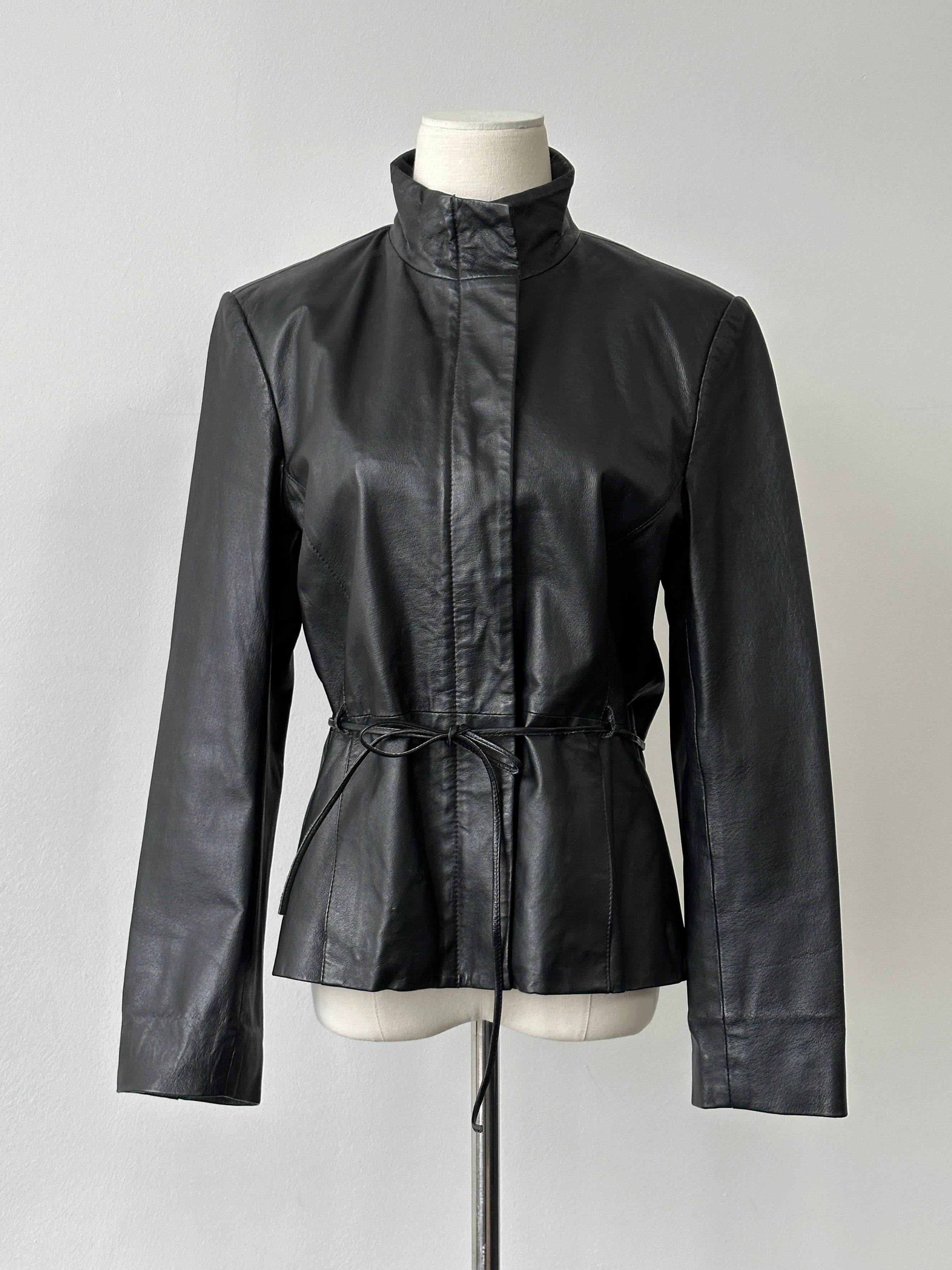 Vintage 2000s Tie Belt High Neck Leather Jacket -