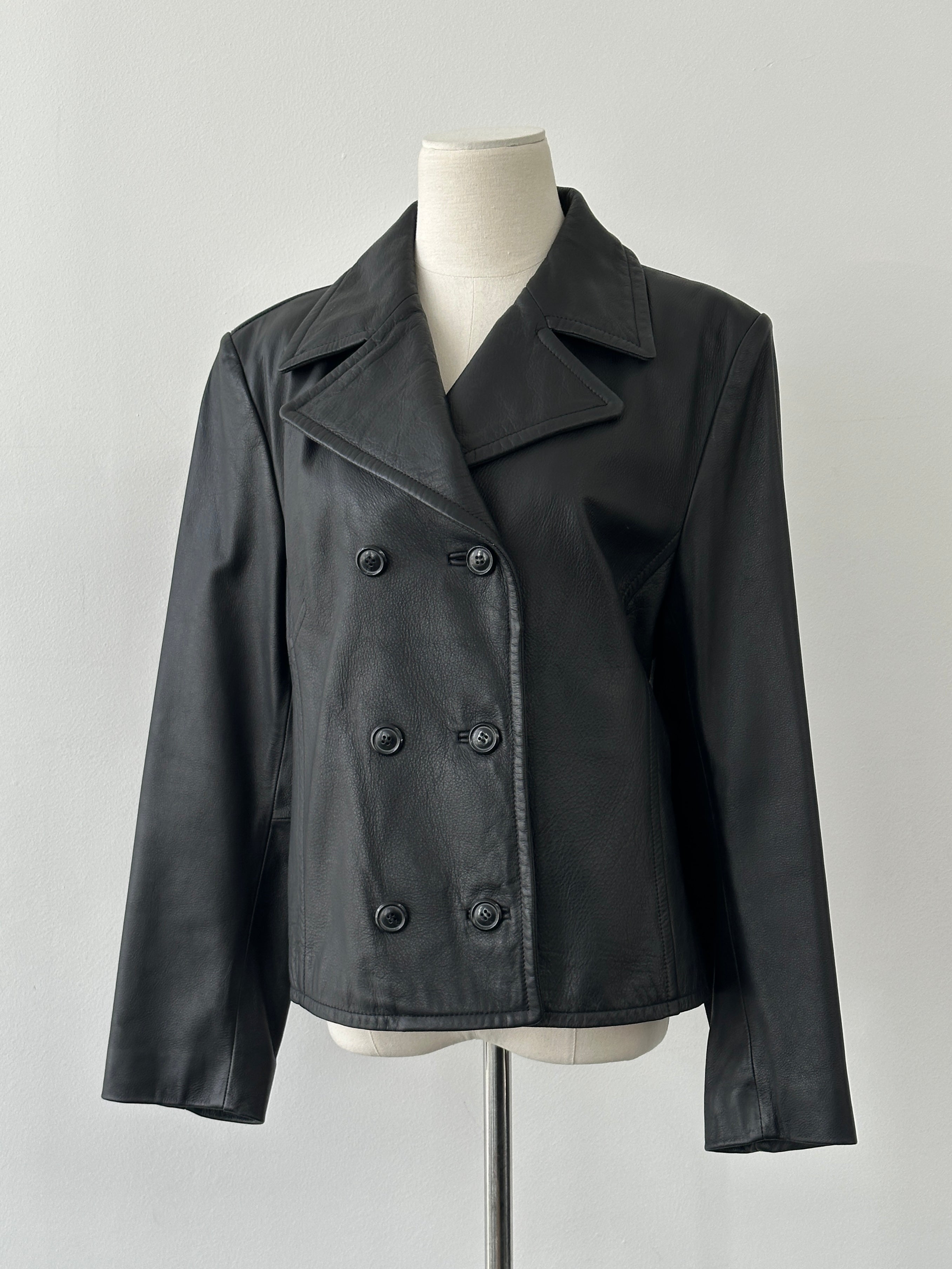 Vintage 1990s Cropped Double Breasted Leather Jacket - M