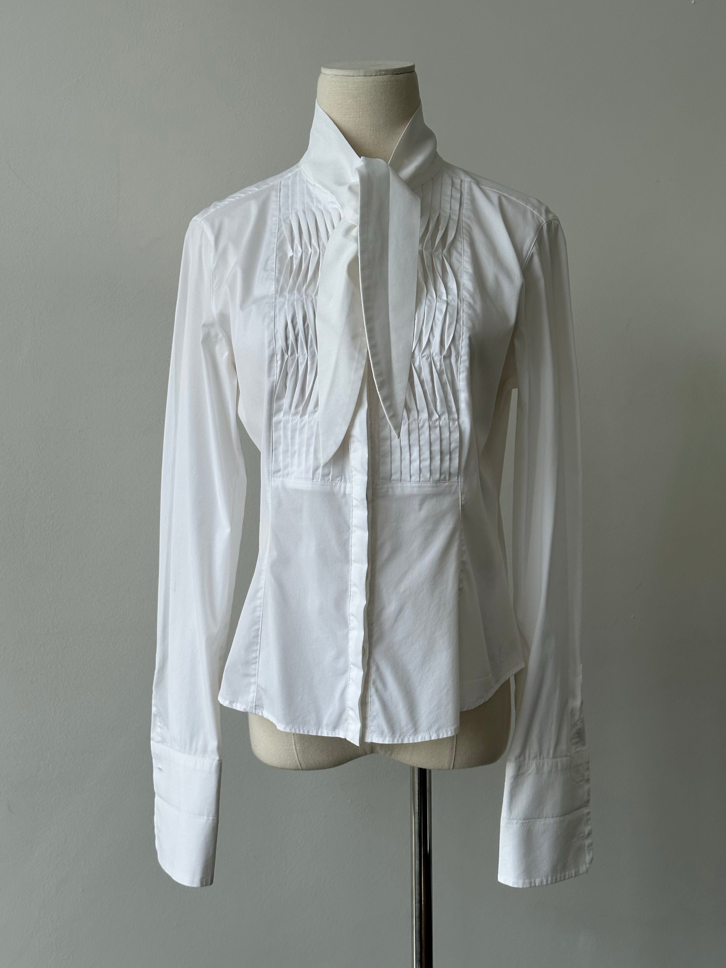 Max Mara 2000s Cotton Pussy Bow Tuxedo Shirt - S
