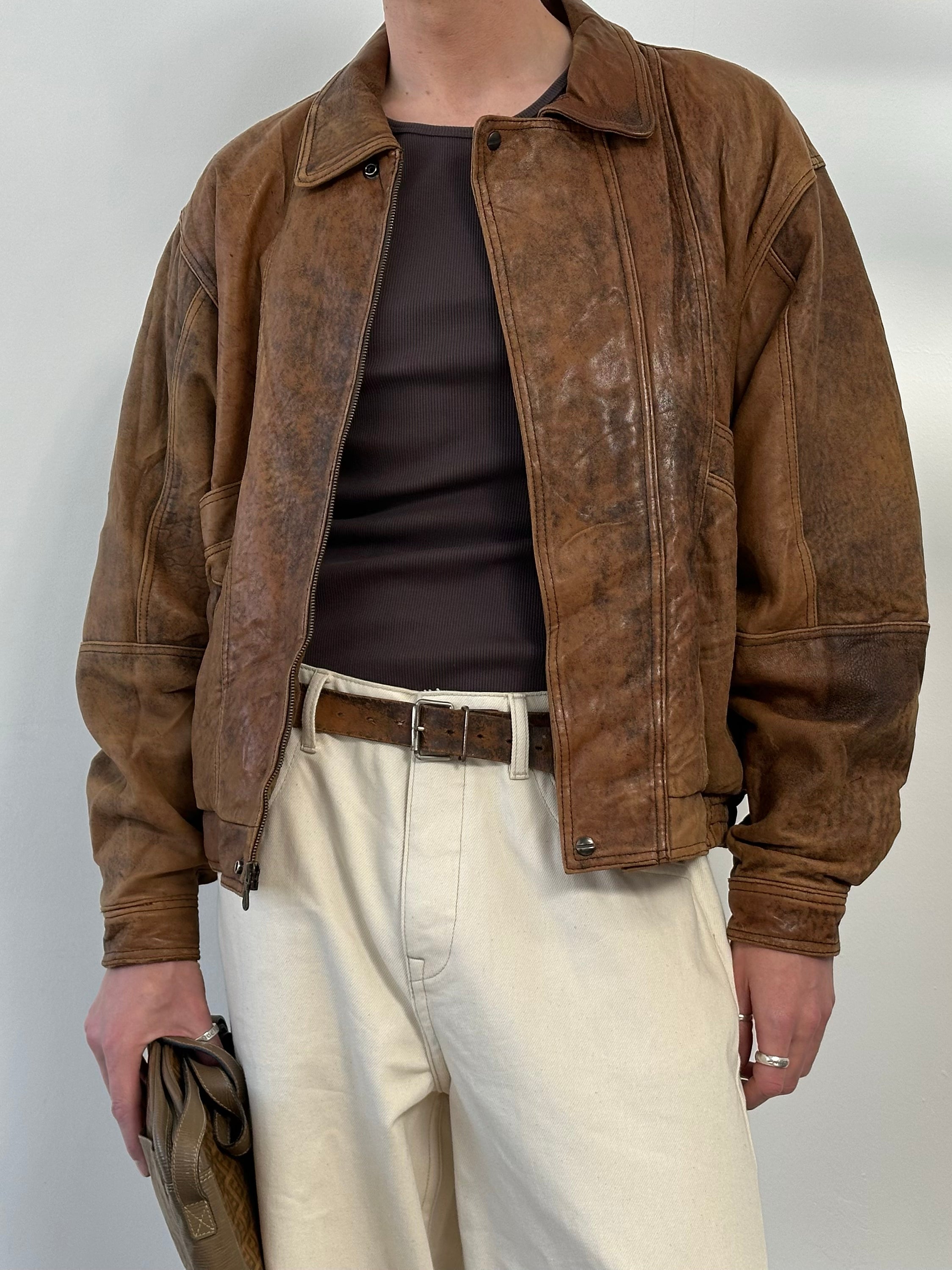 Vintage 1990s Aged Leather Bomber Jacket - XL