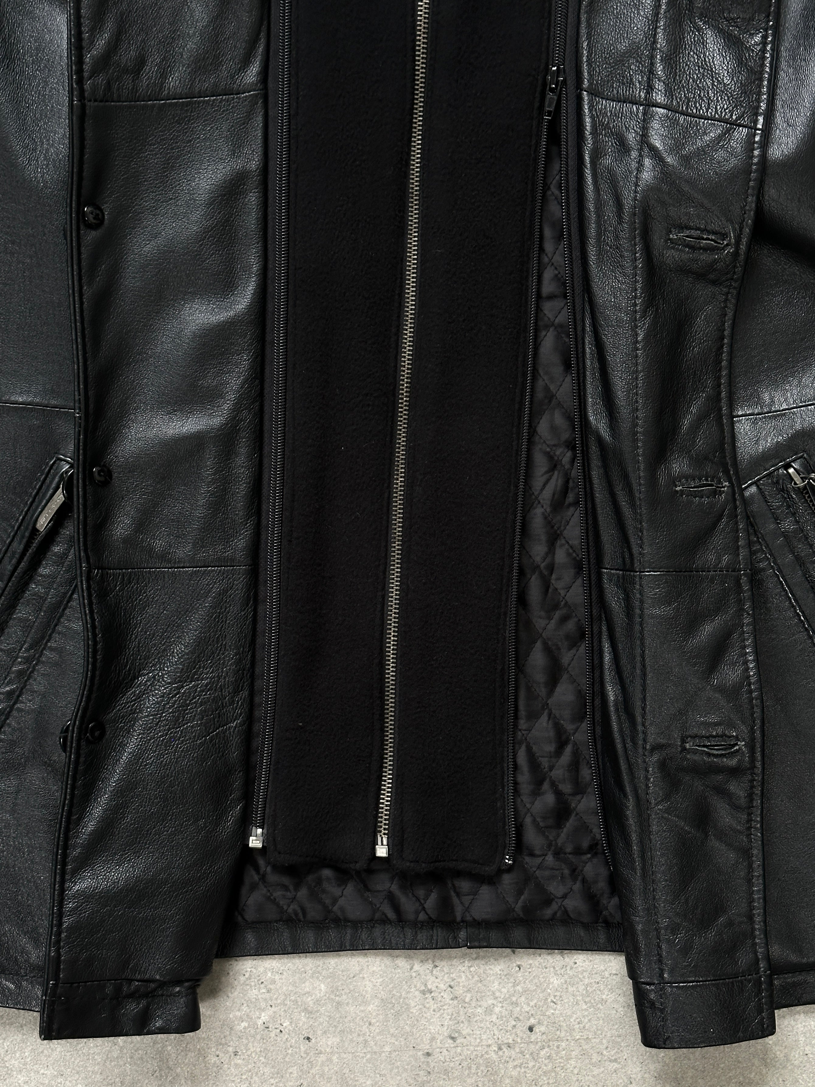 Vintage 1990s XXL leather jacket with funnel neck, black leather, featuring classic style and detailed stitching.