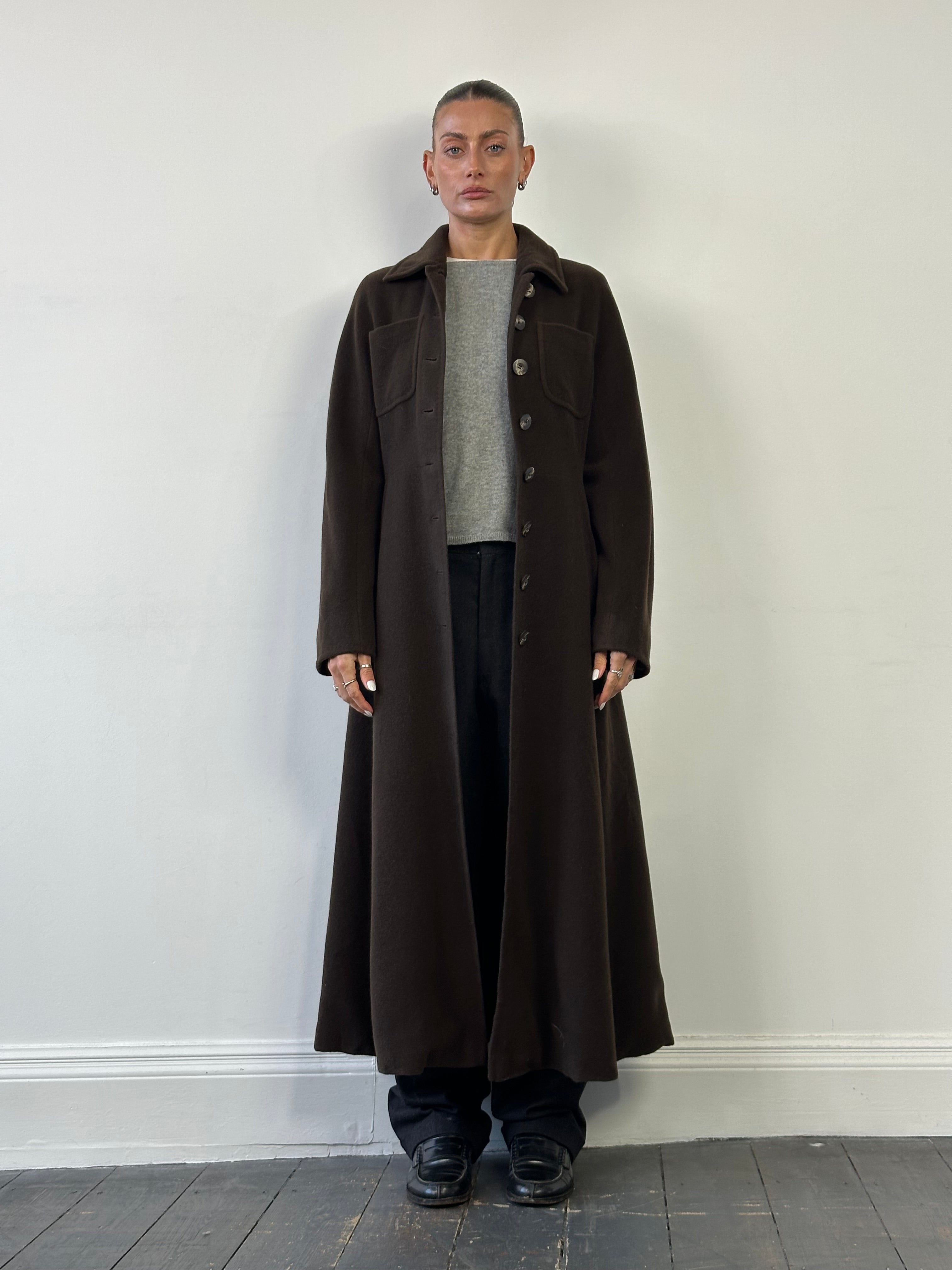 Max Mara pure wool A-line floor-length coat in size M, stylish and elegant outerwear with a classic design.