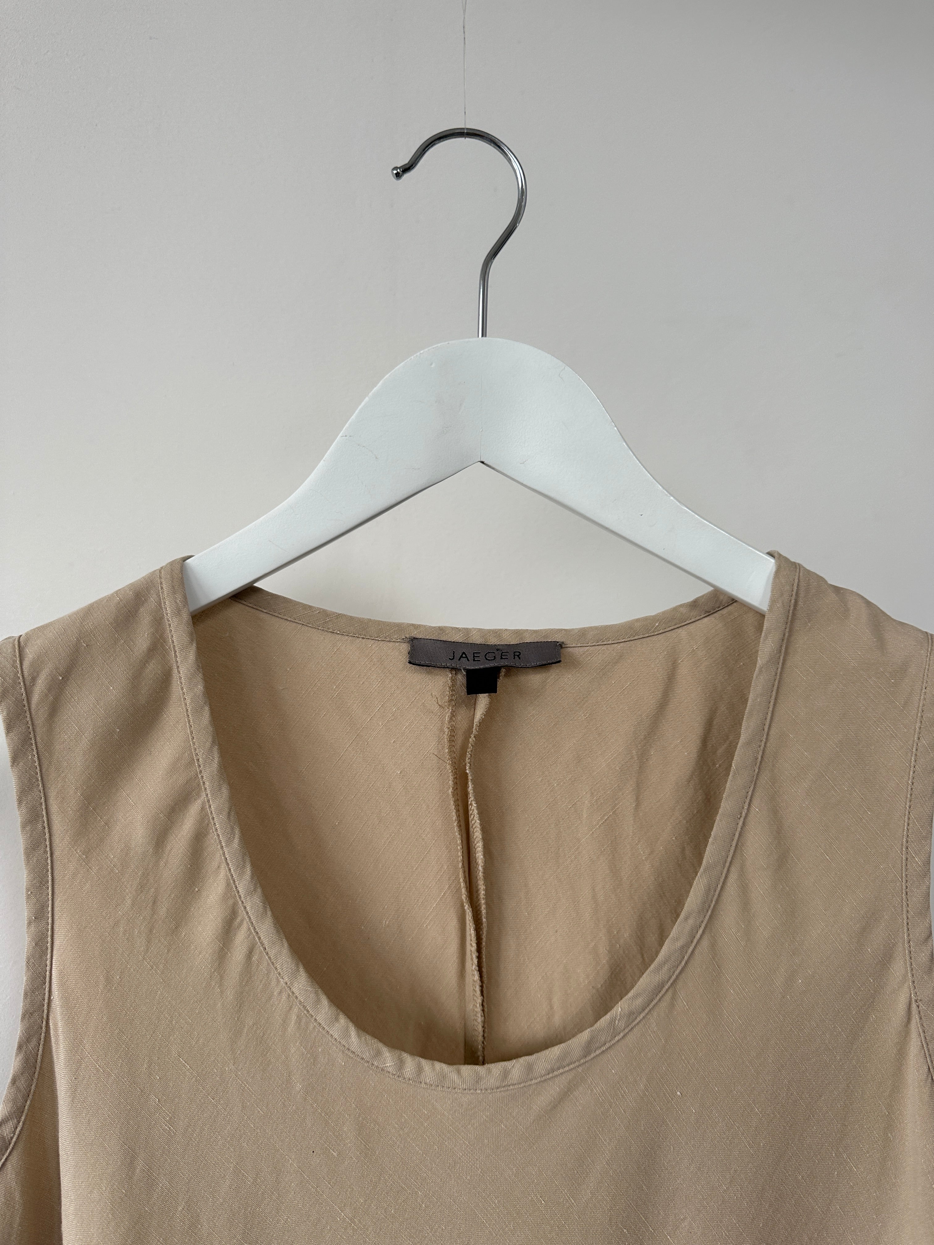 Jaeger silk linen floor-length dress in S/M, featuring a flowing silhouette and elegant design, perfect for sophisticated occasions.