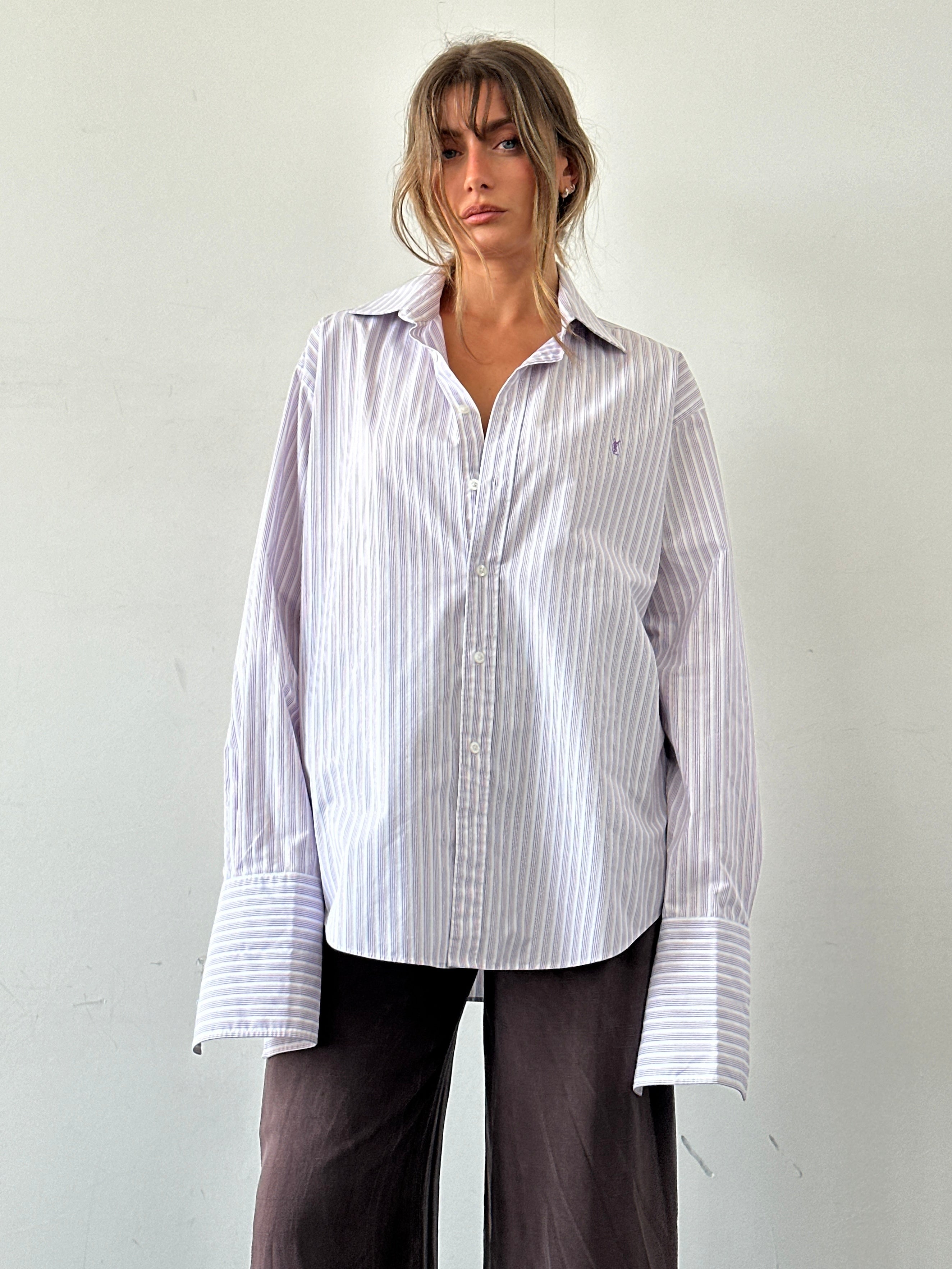 Yves Saint Laurent Pour Homme striped cotton dress shirt with logo, in size L/XL, featuring a classic collar and button-front design.