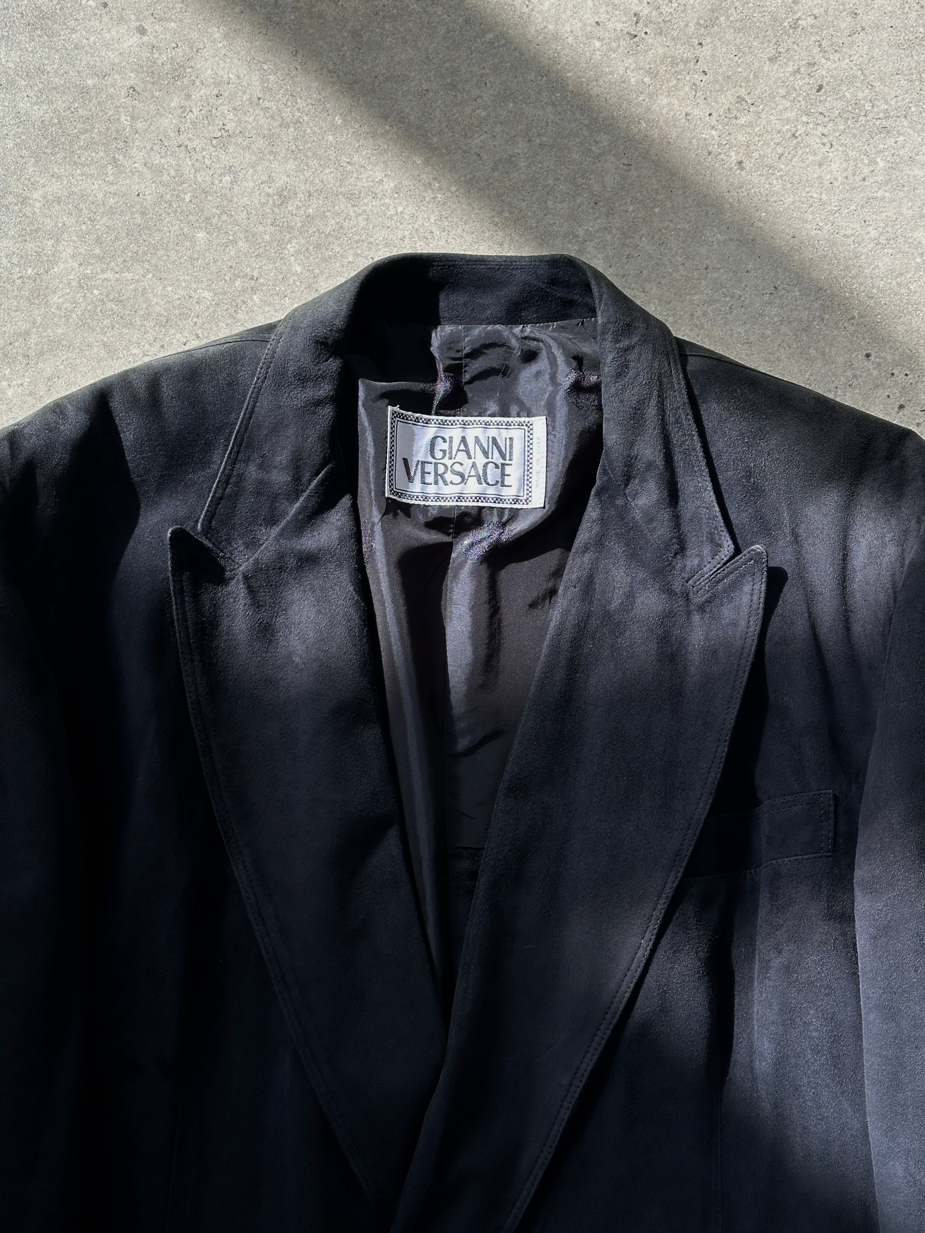 Gianni Versace 1990s suede double-breasted leather jacket in XL, showing classic design with lapels and button details.