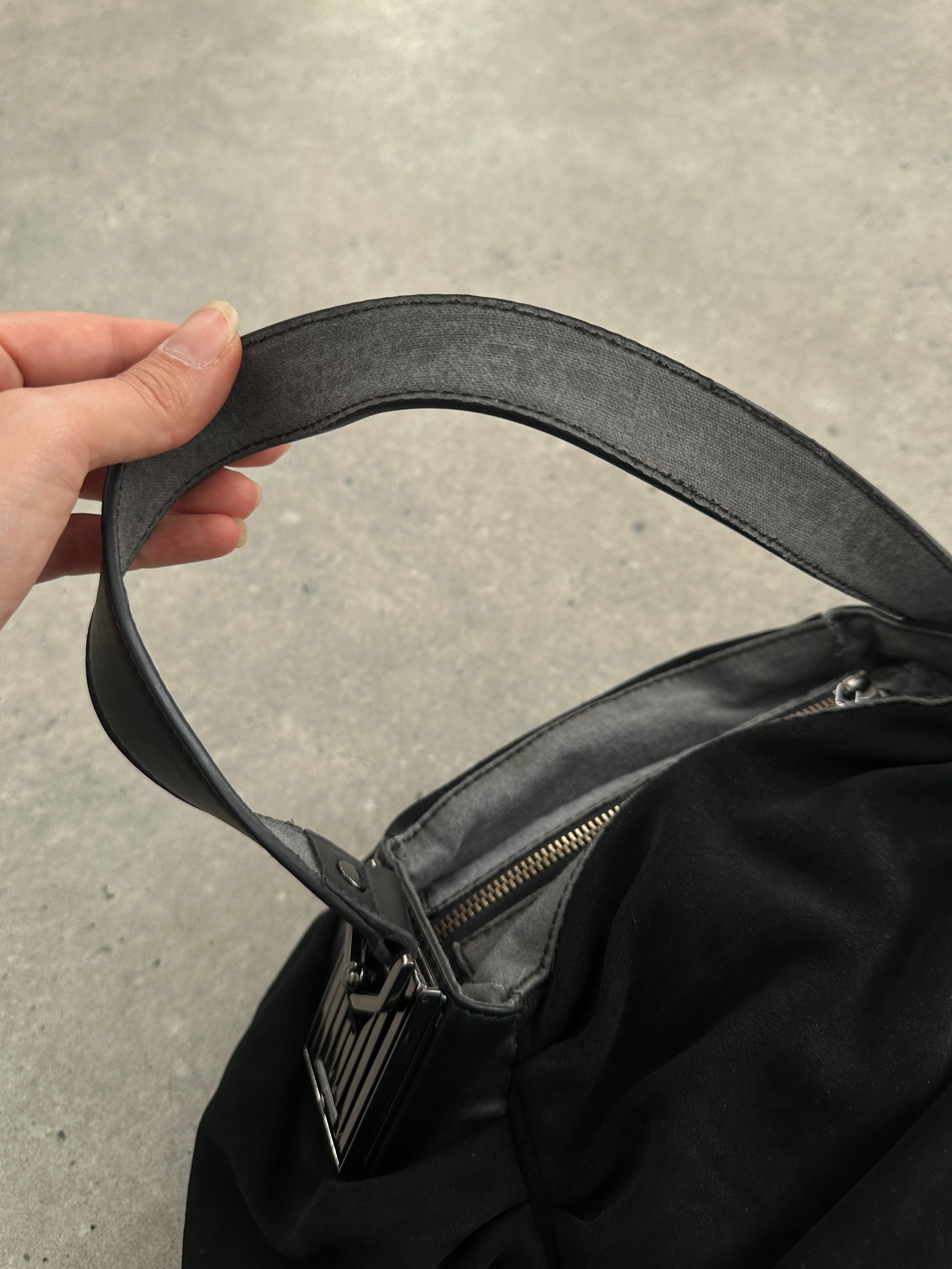Armani Jeans suede ruched shoulder bag with a sleek design and shoulder strap, stylish and compact for everyday use.