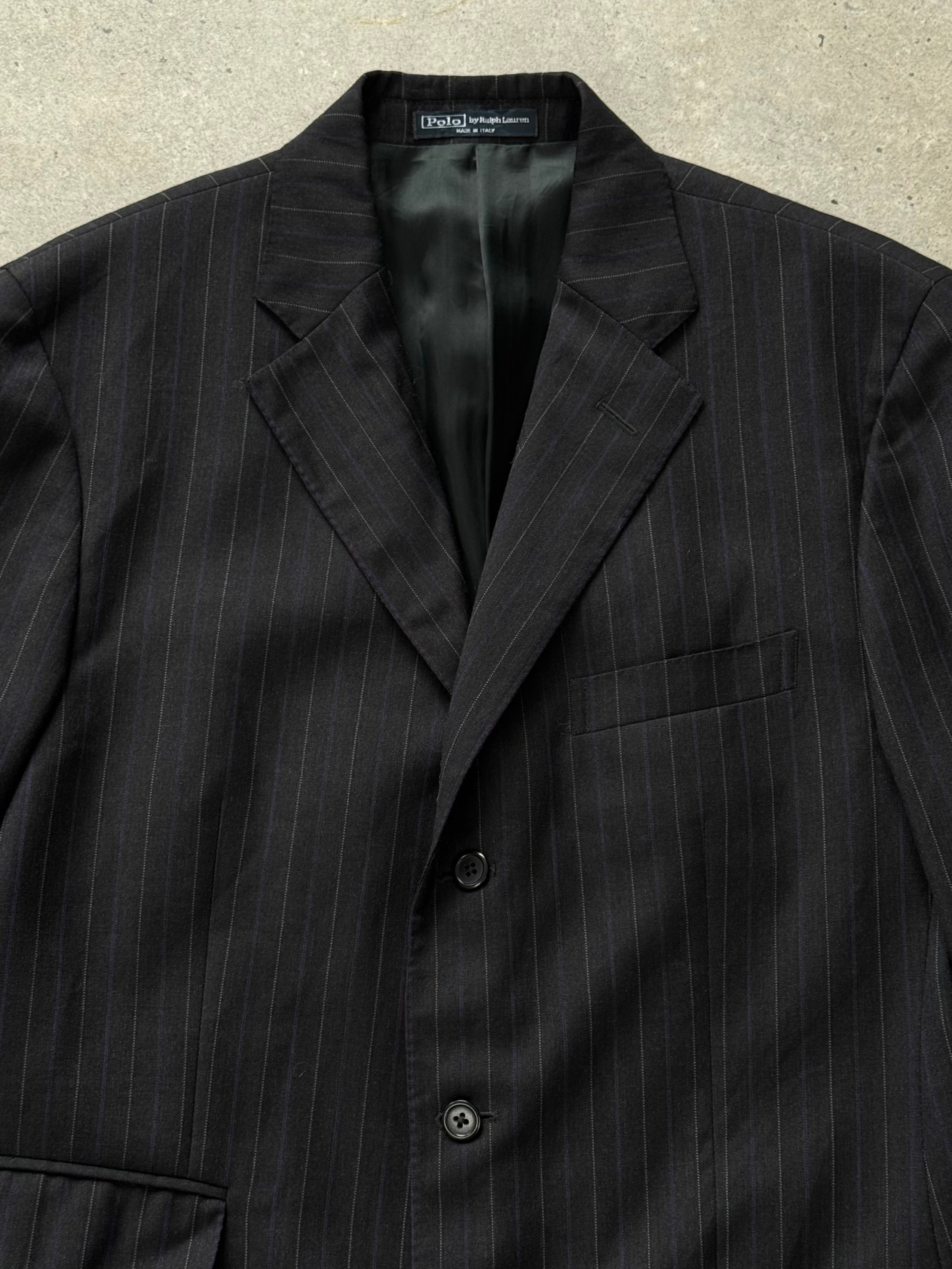 Ralph Lauren Polo 2000s pure wool stripe blazer in size L/XL, featuring classic tailored fit and multicolor stripe pattern.