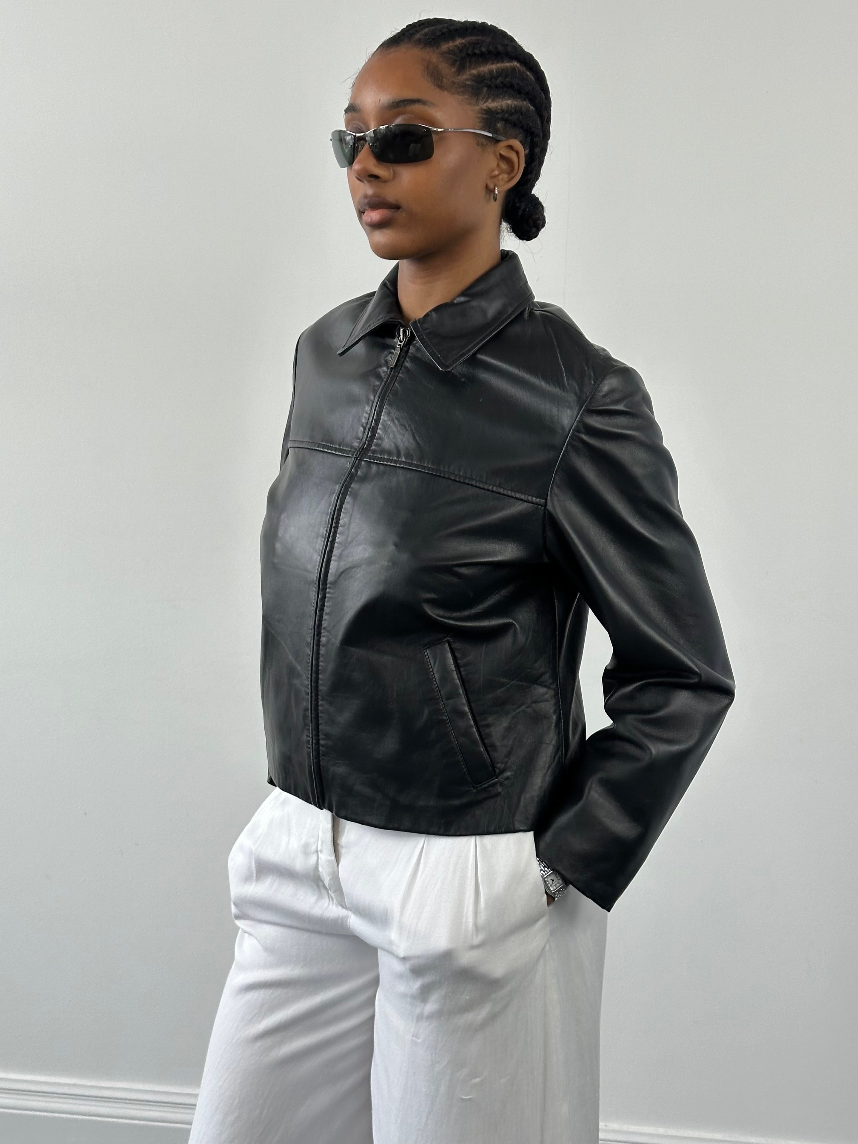Vintage 1990s leather cropped jacket in smooth leather, size small, featuring classic vintage style and tailored fit.