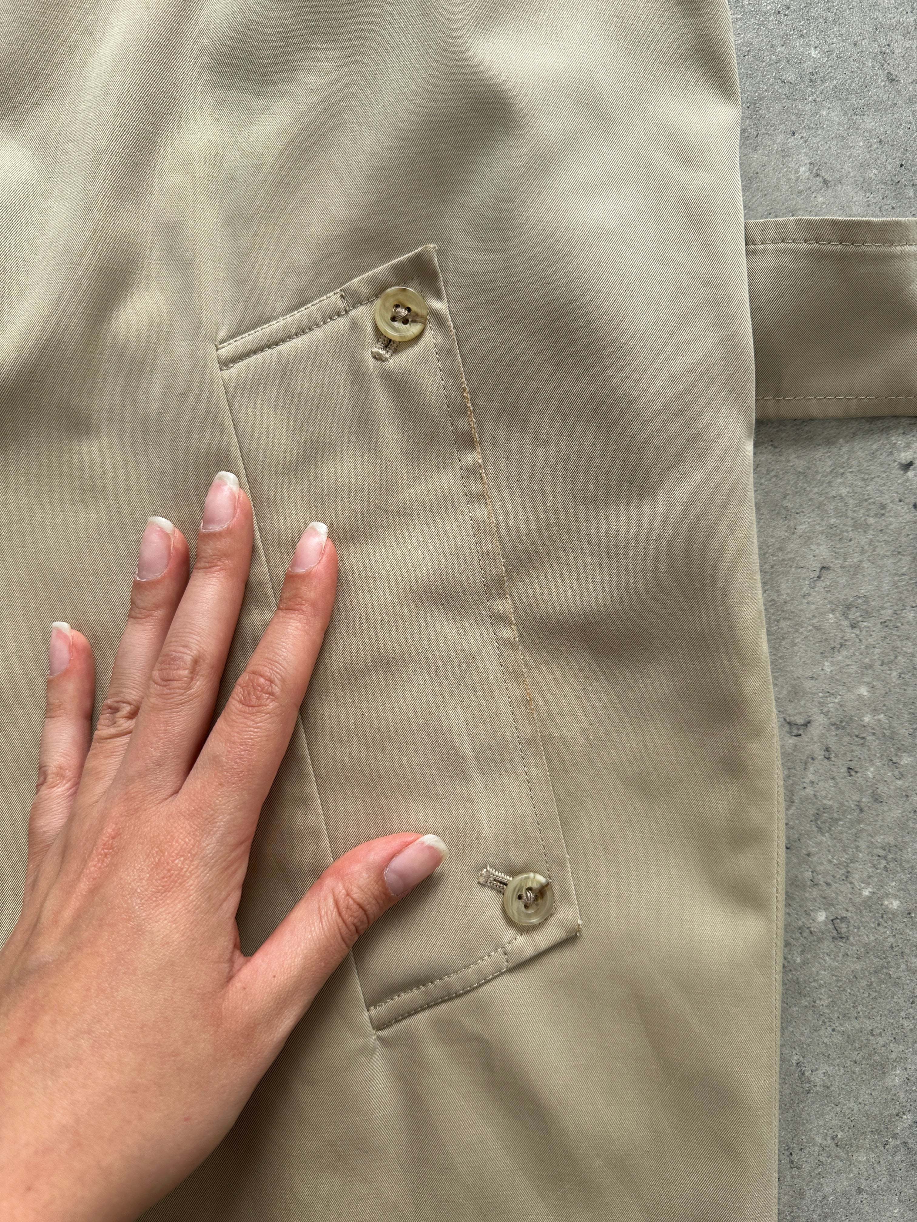 Aquascutum pure cotton belted trench coat with concealed placket in size large, featuring classic beige fabric and tailored design.