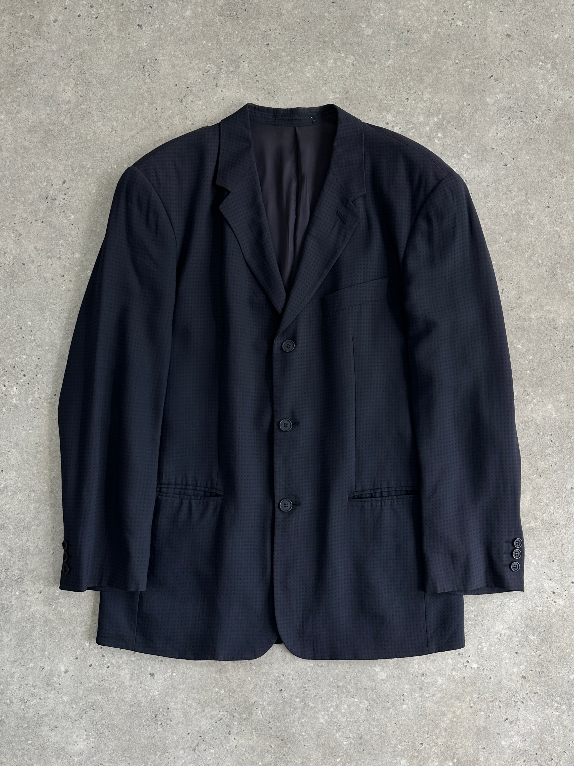 Emporio Armani relaxed cotton single-breasted blazer in size 38R/L, navy blue with notch lapel and tailored fit.