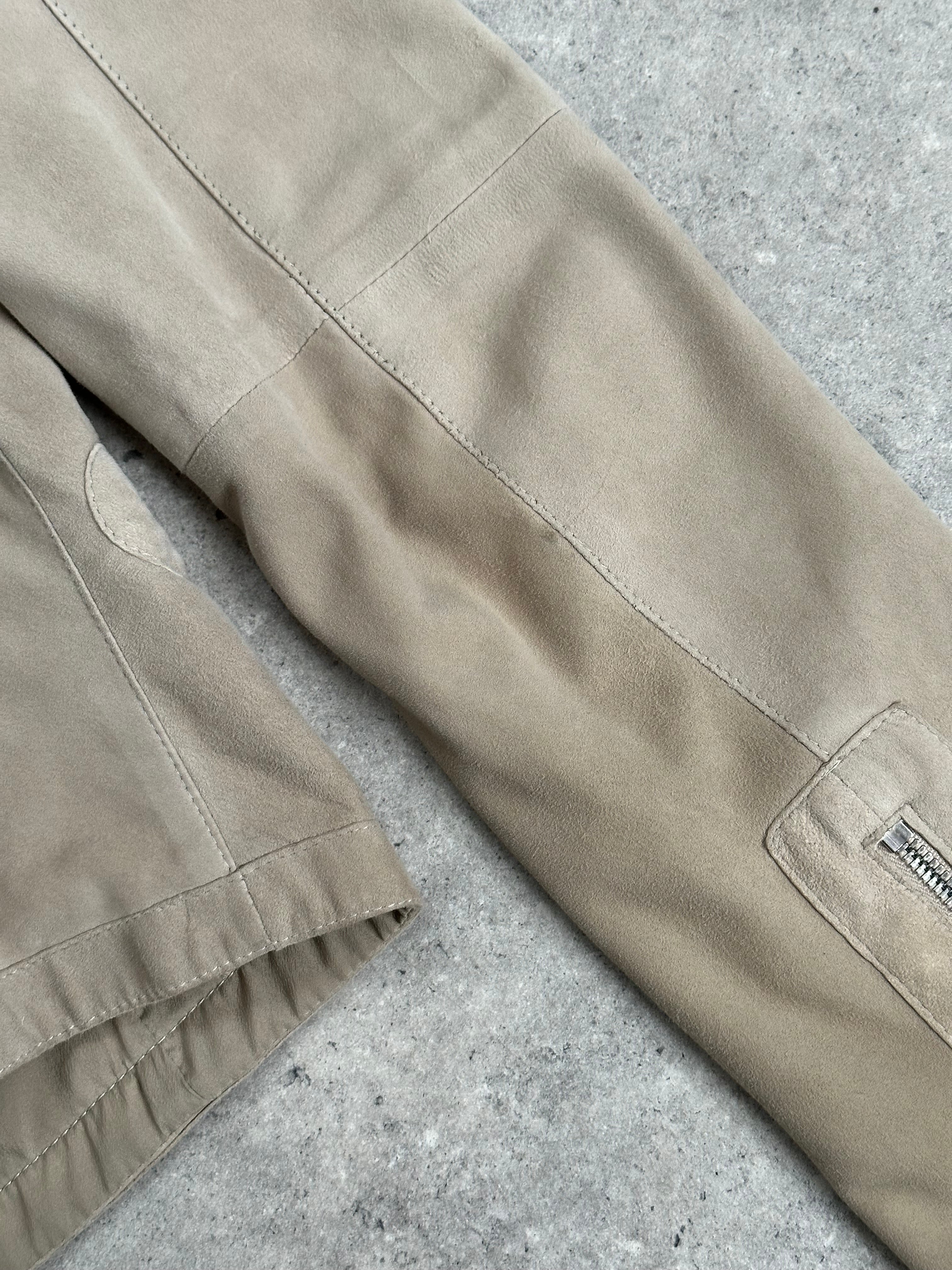 Armani Collezioni 2000s double zip suede leather jacket in XS/S, stylish and classic with dual zippers and soft suede texture.