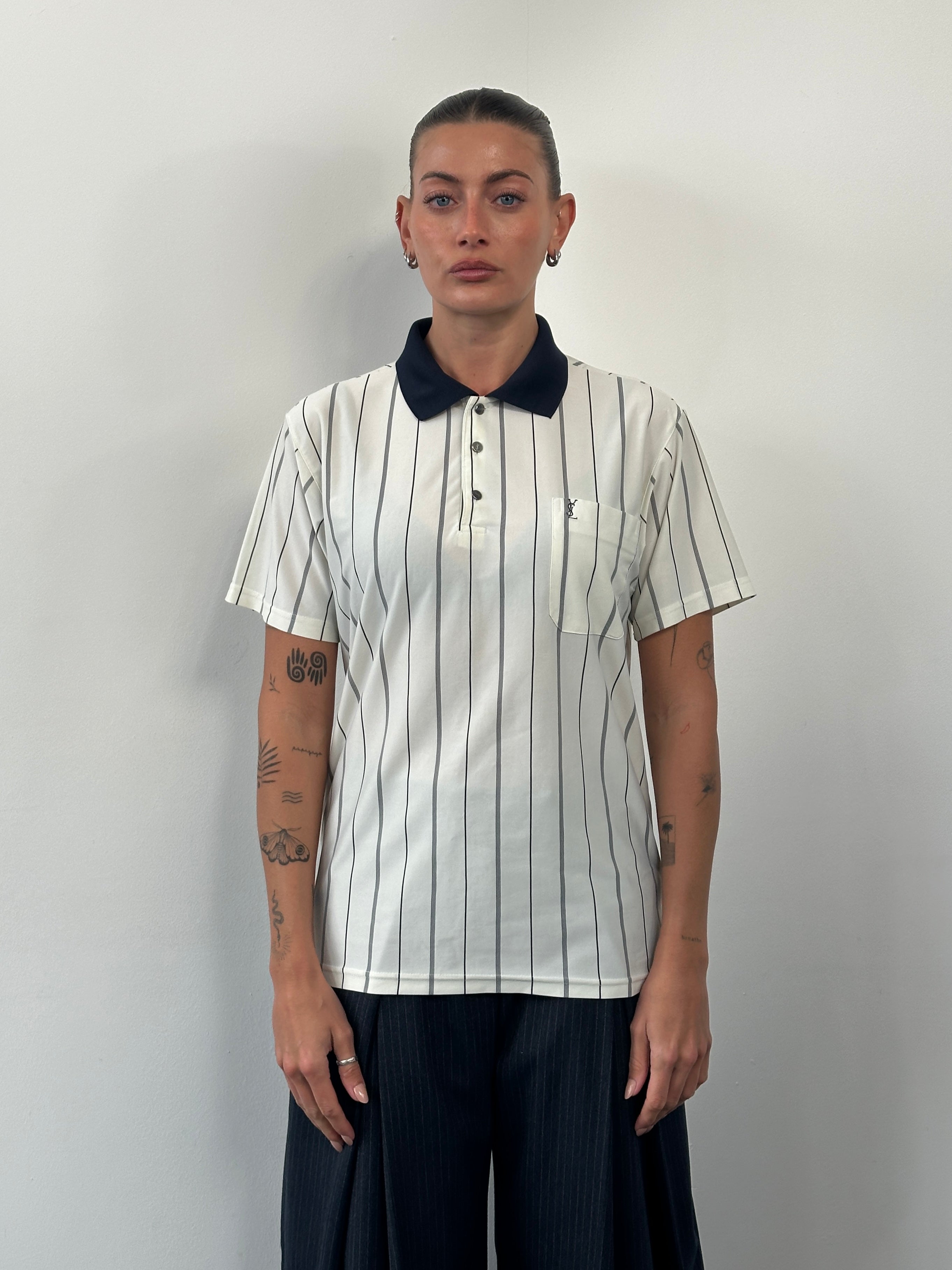 Yves Saint Laurent 1990s pure silk stripe polo shirt in size M, featuring classic design and vibrant striped pattern.