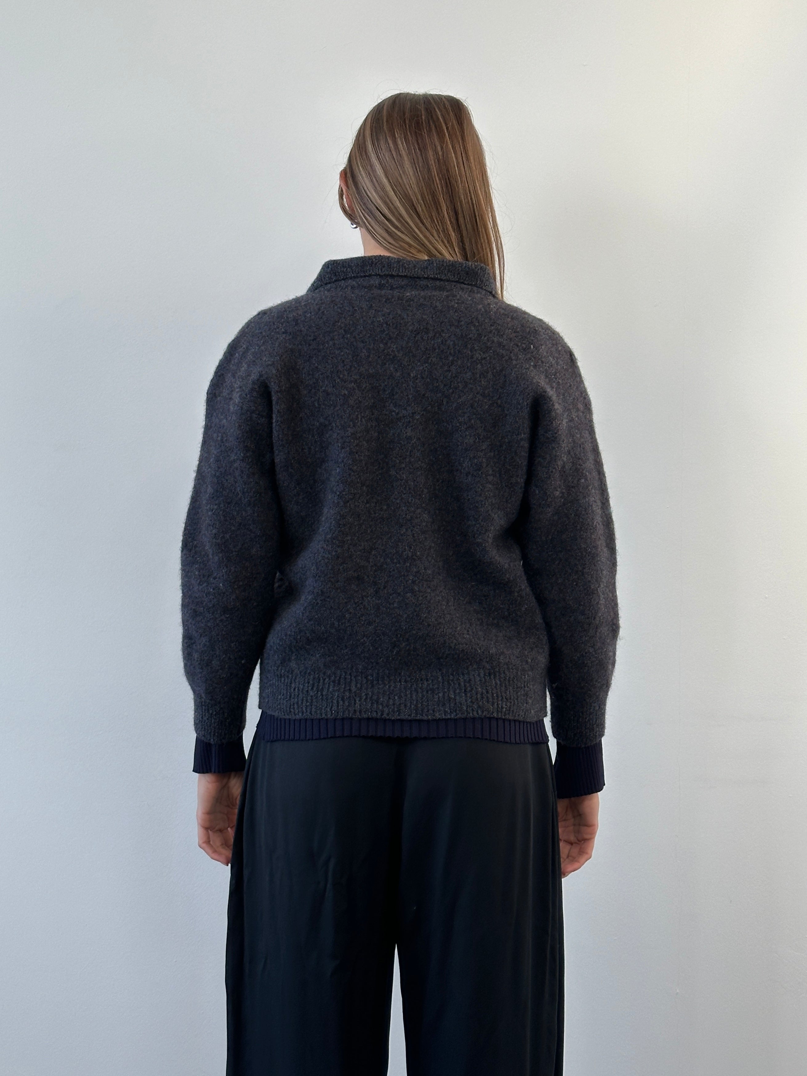 Valentino Studio 1990s pure wool bespoke button polo jumper in XS, featuring a classic design and ribbed cuffs and collar.