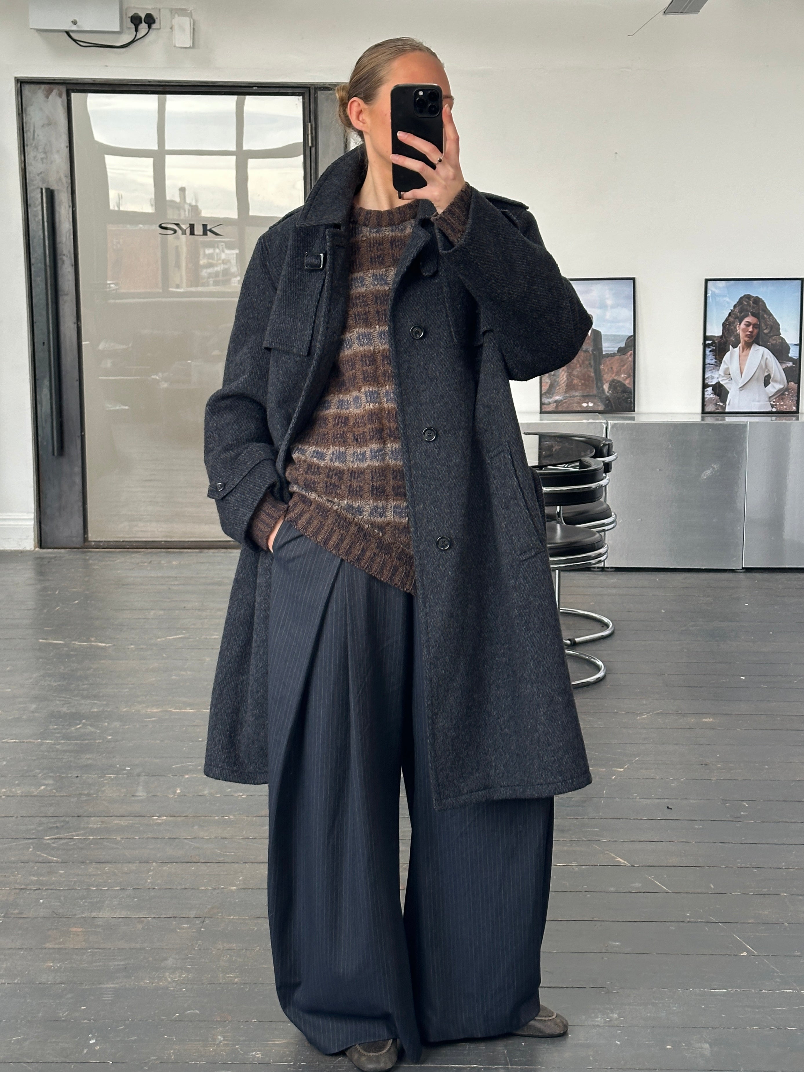 Vintage 1990s pure brushed wool high neck belted coat in XL, showcasing its classic design and cozy texture.