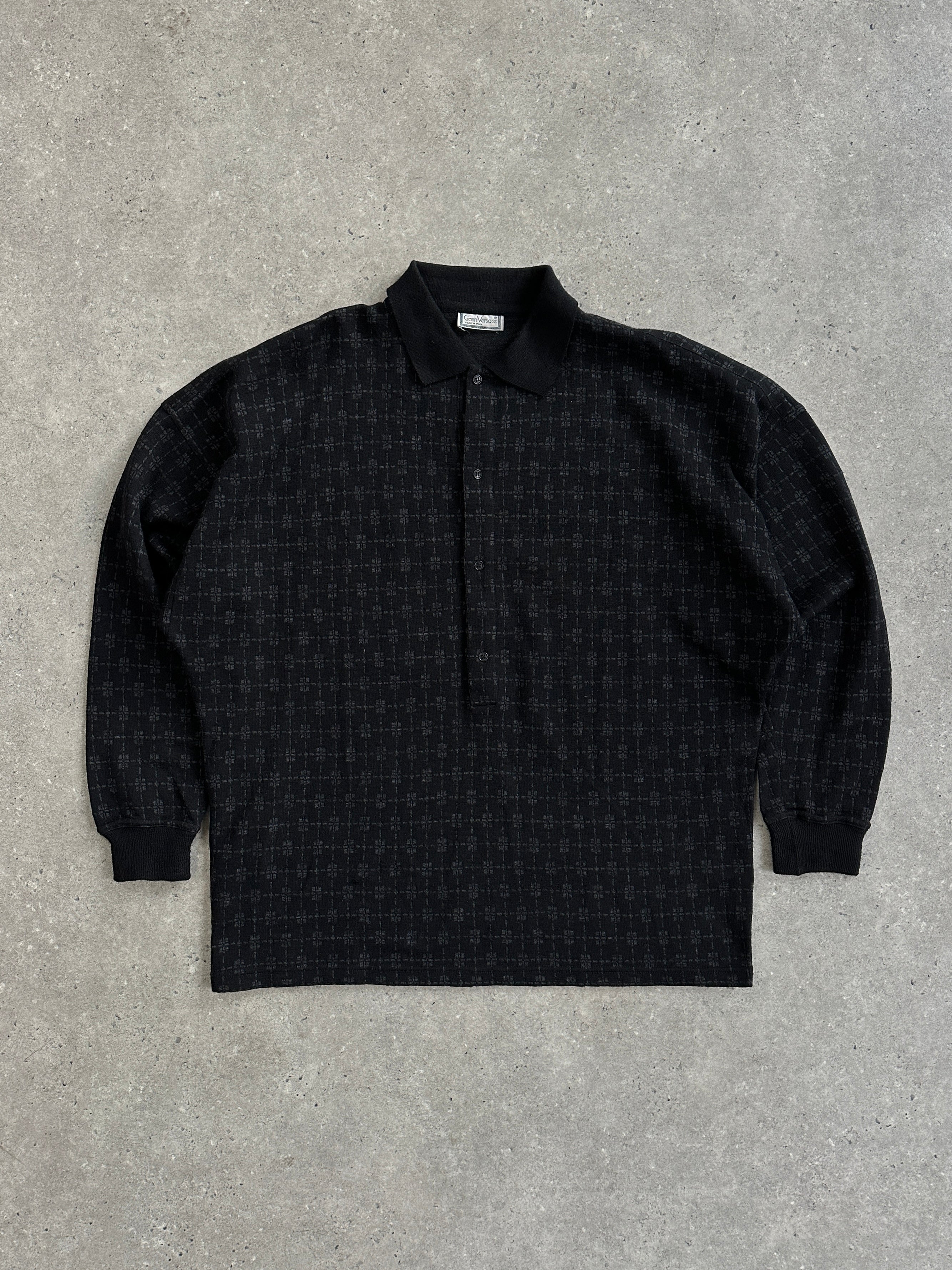 Gianni Versace 80s-90s pure wool print polo jumper in XL, featuring vibrant designer patterns and classic polo style.