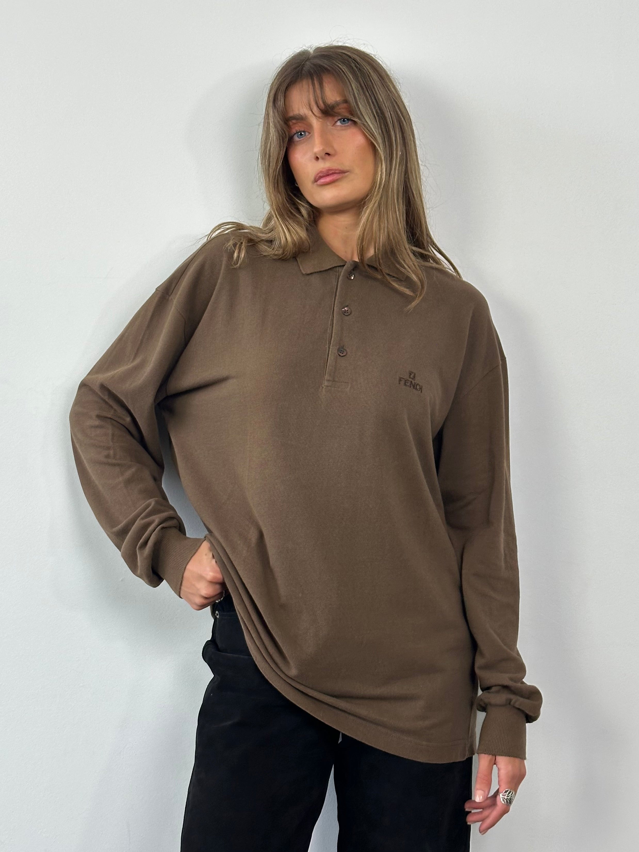 Fendi cotton logo polo jumper in size L/XL, featuring the iconic Fendi branding on a stylish, casual sweater.