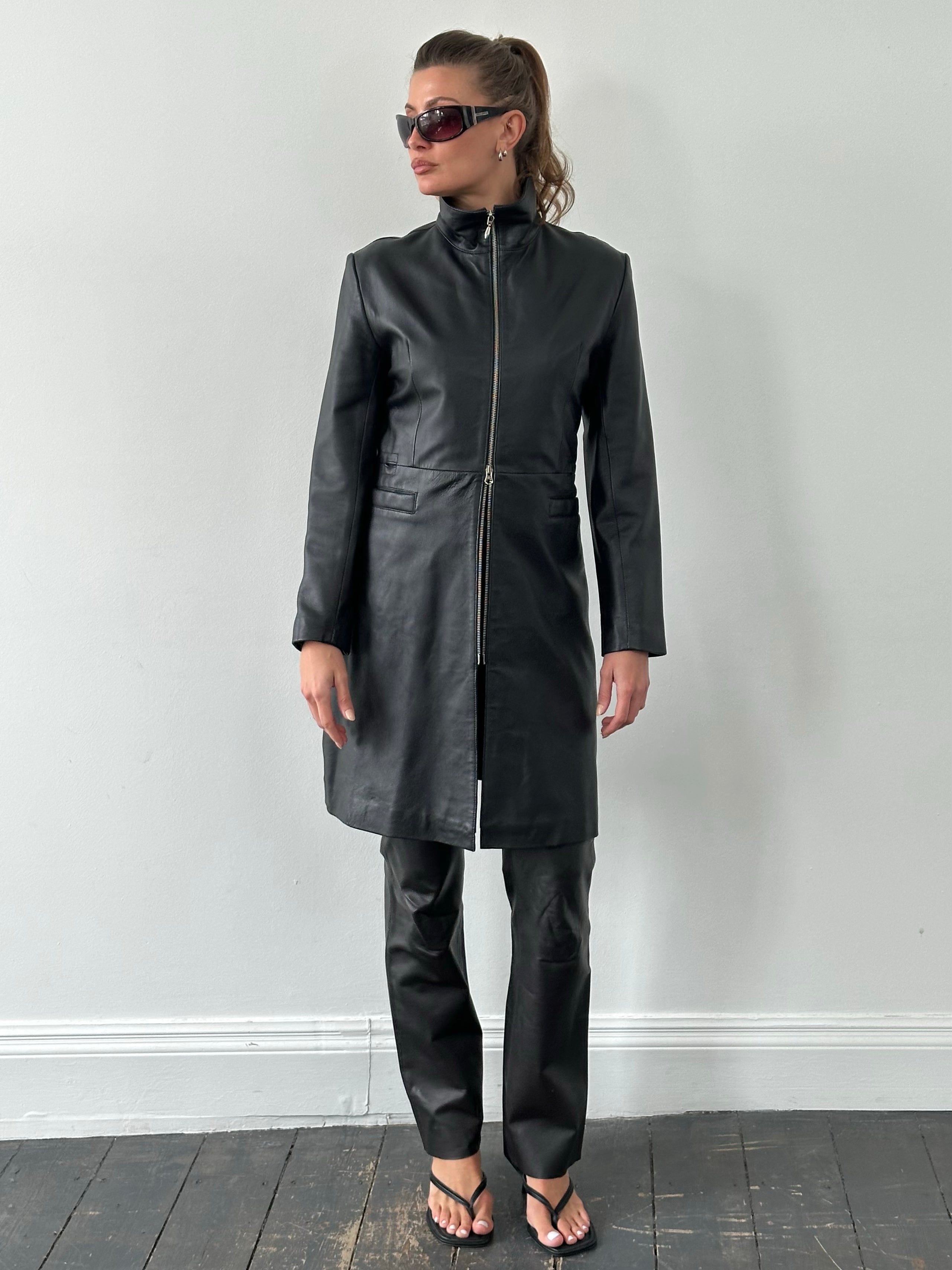 Vintage 2000s Double Zip Leather Trench Coat - M