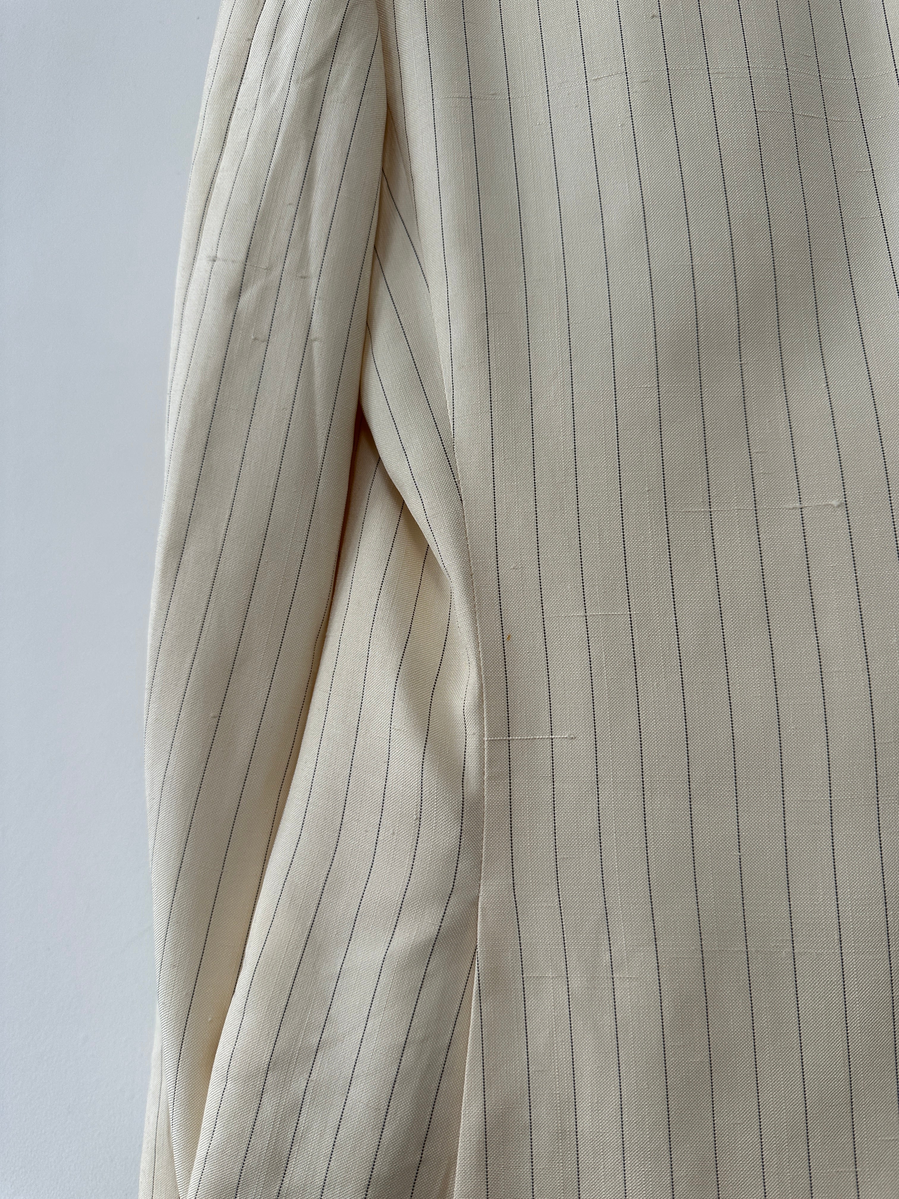 Pierre Cardin pure silk stripe double-breasted blazer in size 36R/S, tailored fit with classic lapel and stylish pattern.