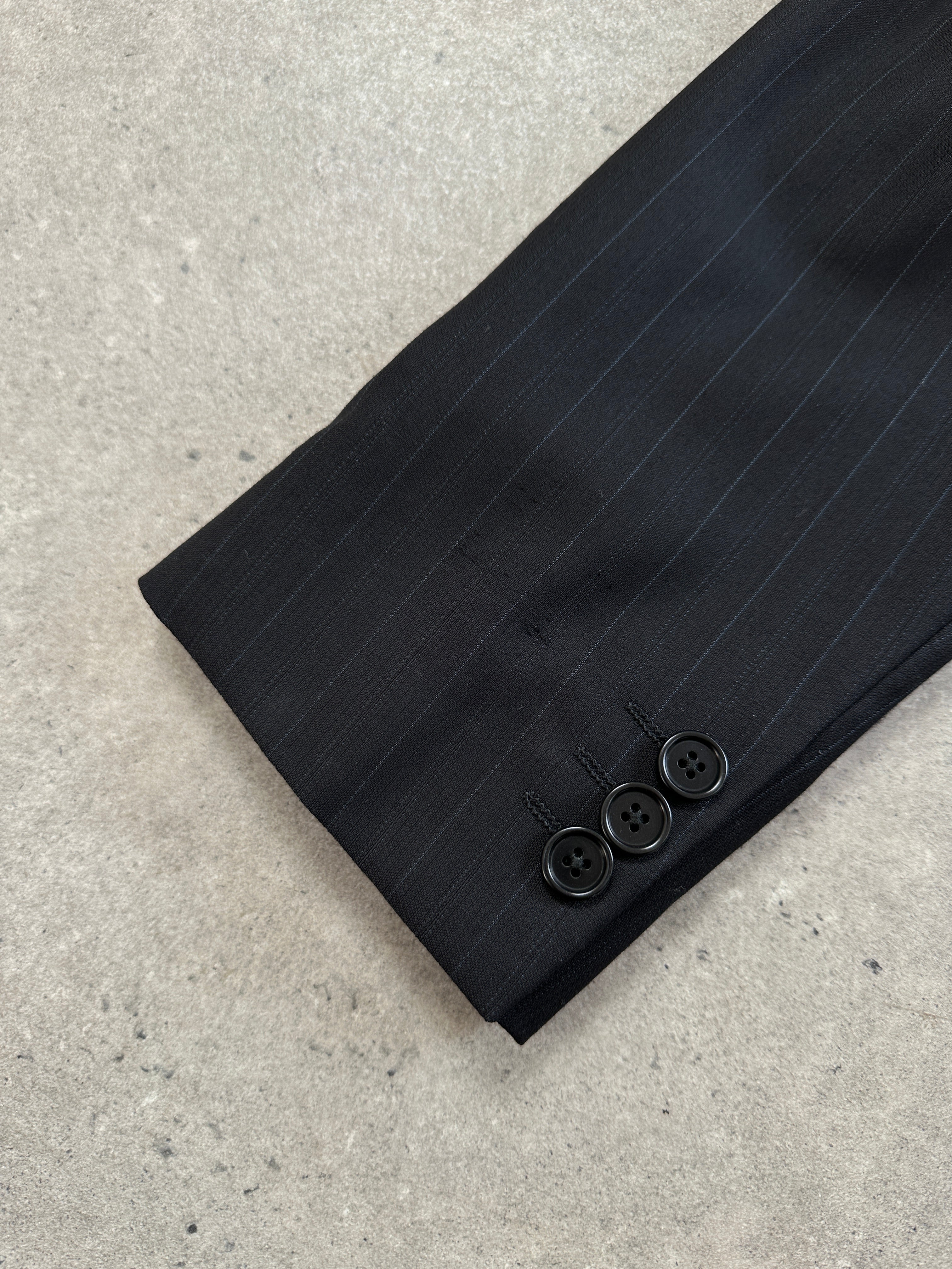 Armani Collezioni pinstripe pure wool single-breasted blazer in size 40R/M, showing the classic lapel and tailored fit.