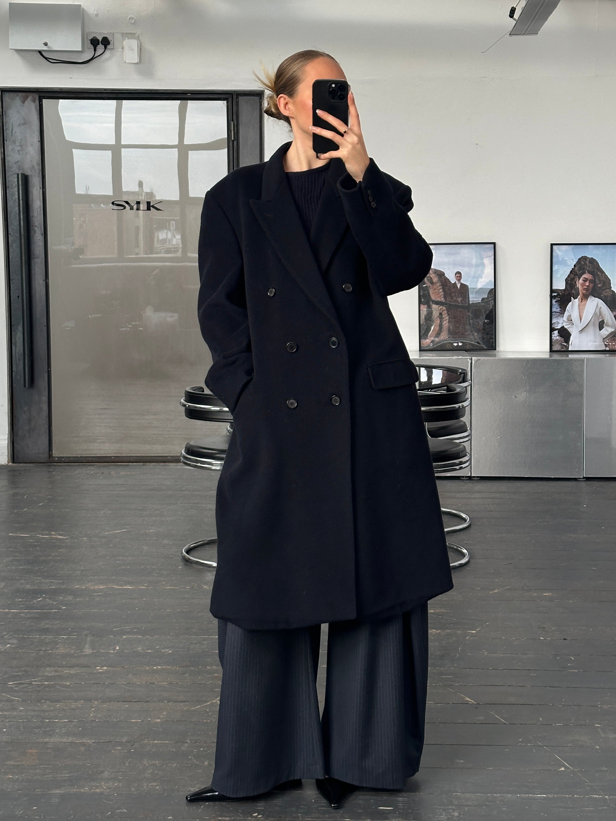 Vintage 1990s wool cashmere double-breasted coat in XXL, classic vintage coat with tailored collar and button details.