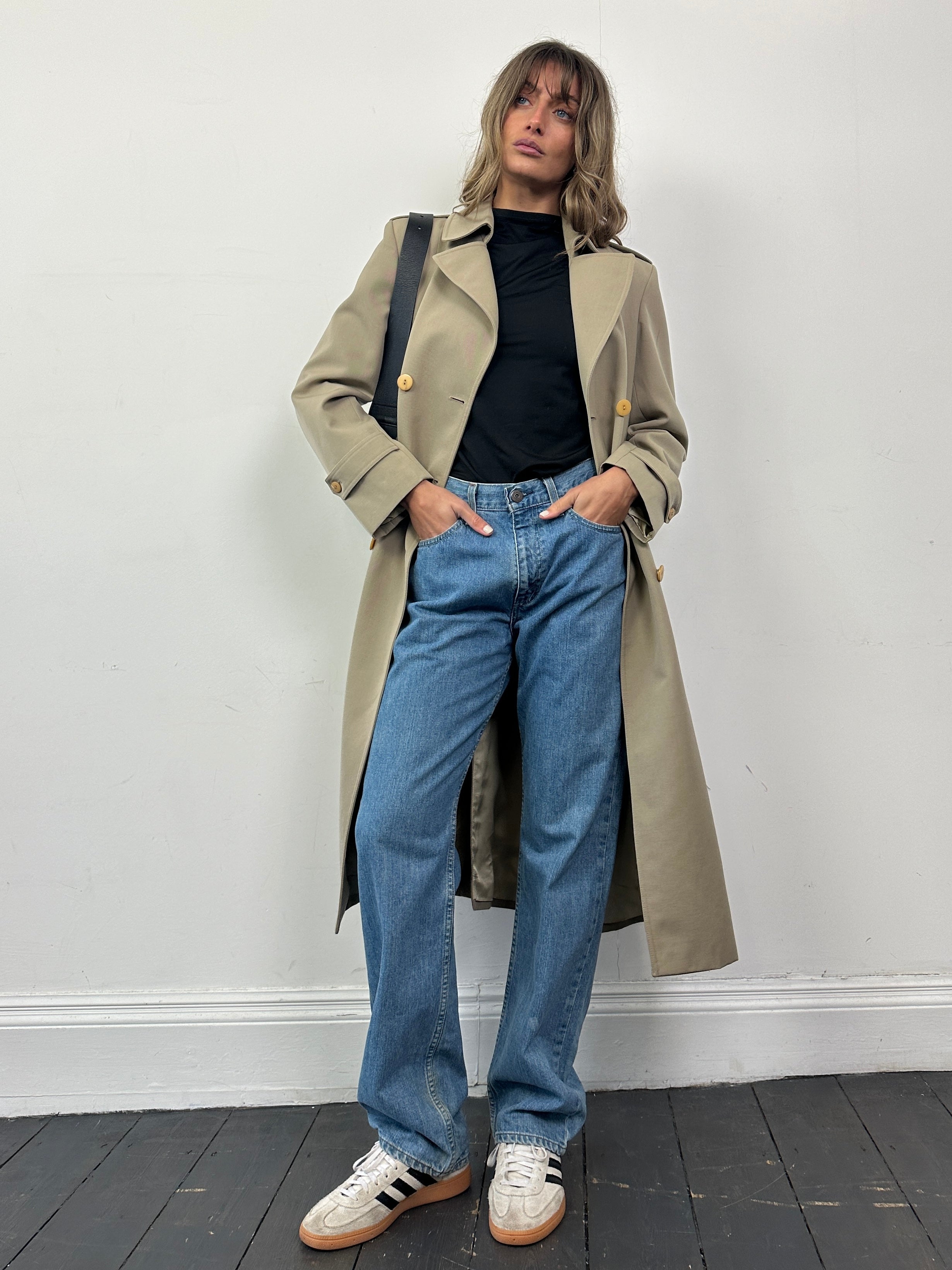 Vintage Italian double-breasted wool trench coat with belt, classic vintage style, in a sleek S/M fit.