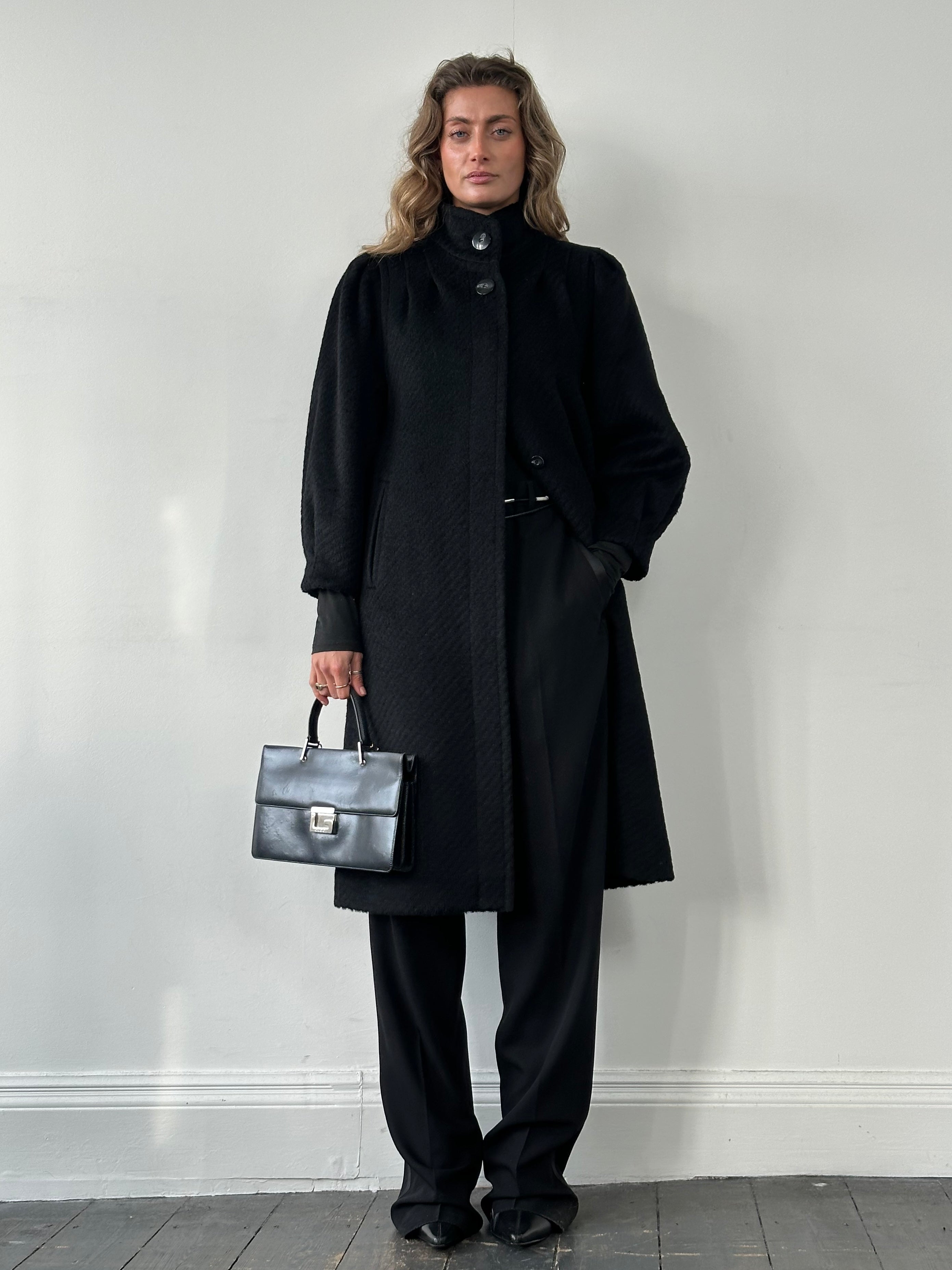 Vintage wool mohair high neck coat with concealed placket, cozy and stylish, in size M, featuring a classic high collar and textured fabric.