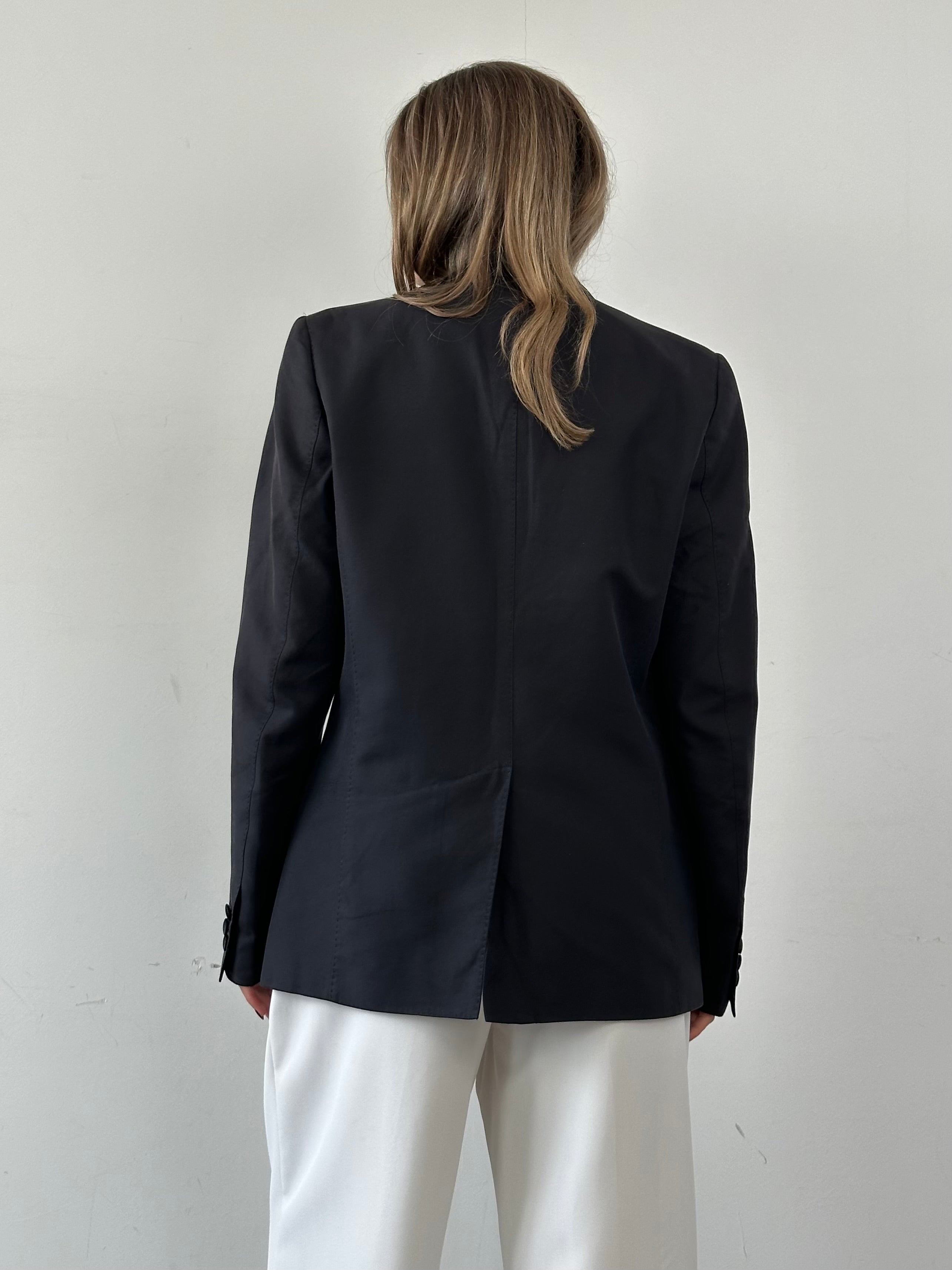 Dsquared2 tuxedo blazer in silk cotton, single-breasted design, tailored fit, dark color, lapel collar, and front button closure.