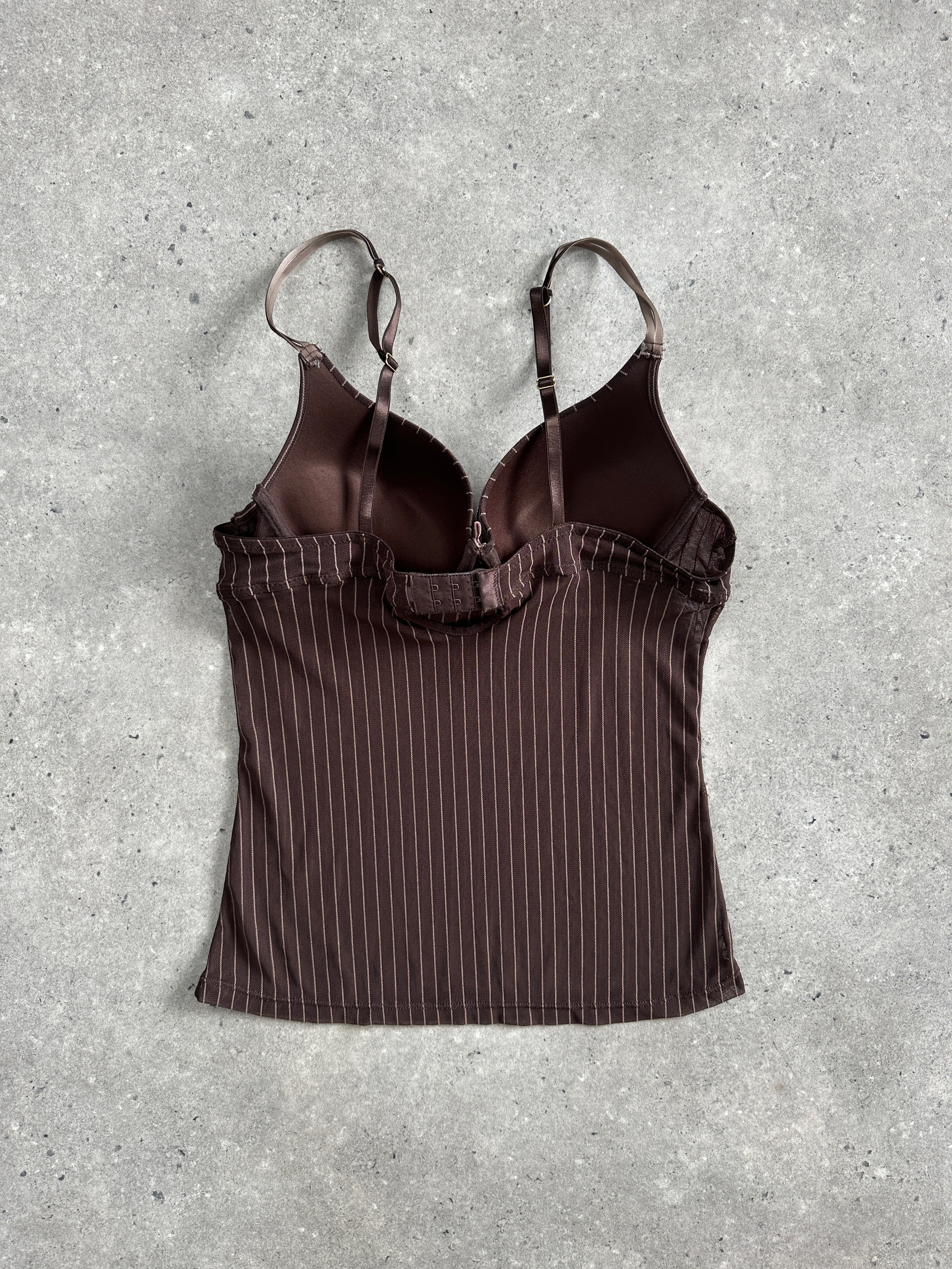 Vintage 2000s sheer stripe top in size M, lightweight and stylish with transparent fabric and horizontal stripe pattern.