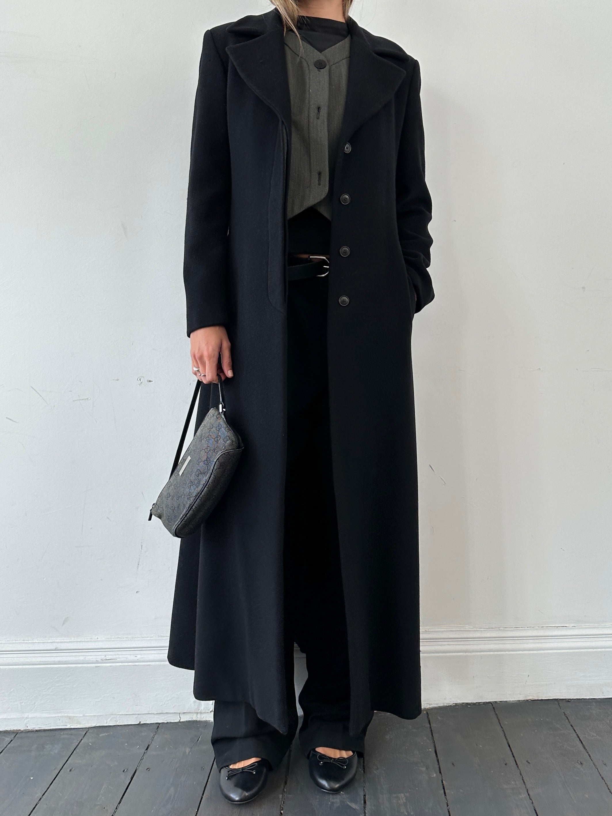Emporio Armani A-line floor-length cashmere coat in black, featuring a classic collar and elegant silhouette.
