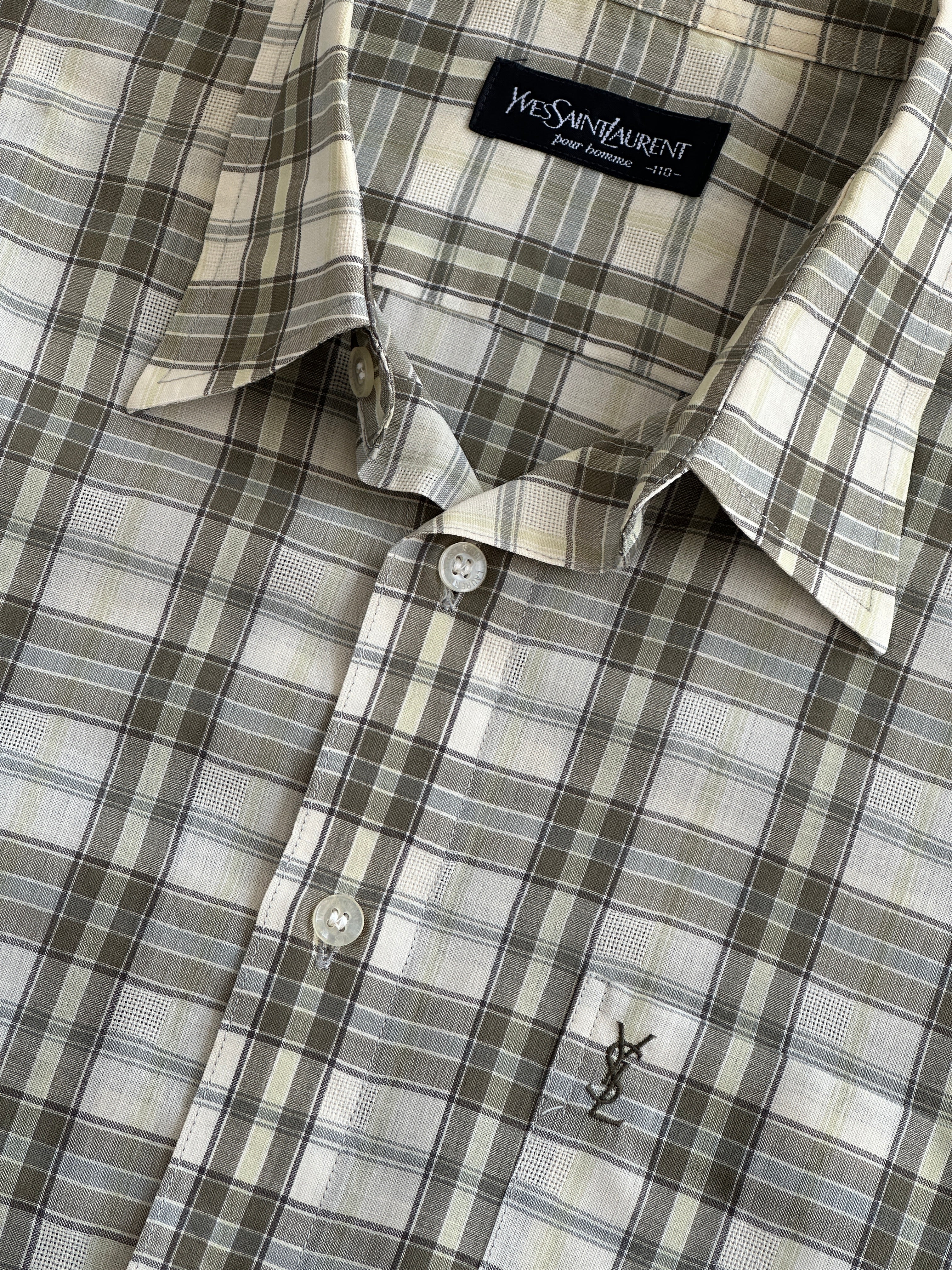 Yves Saint Laurent men's cotton check short sleeve logo shirt in XL, featuring a classic check pattern and brand logo detail.