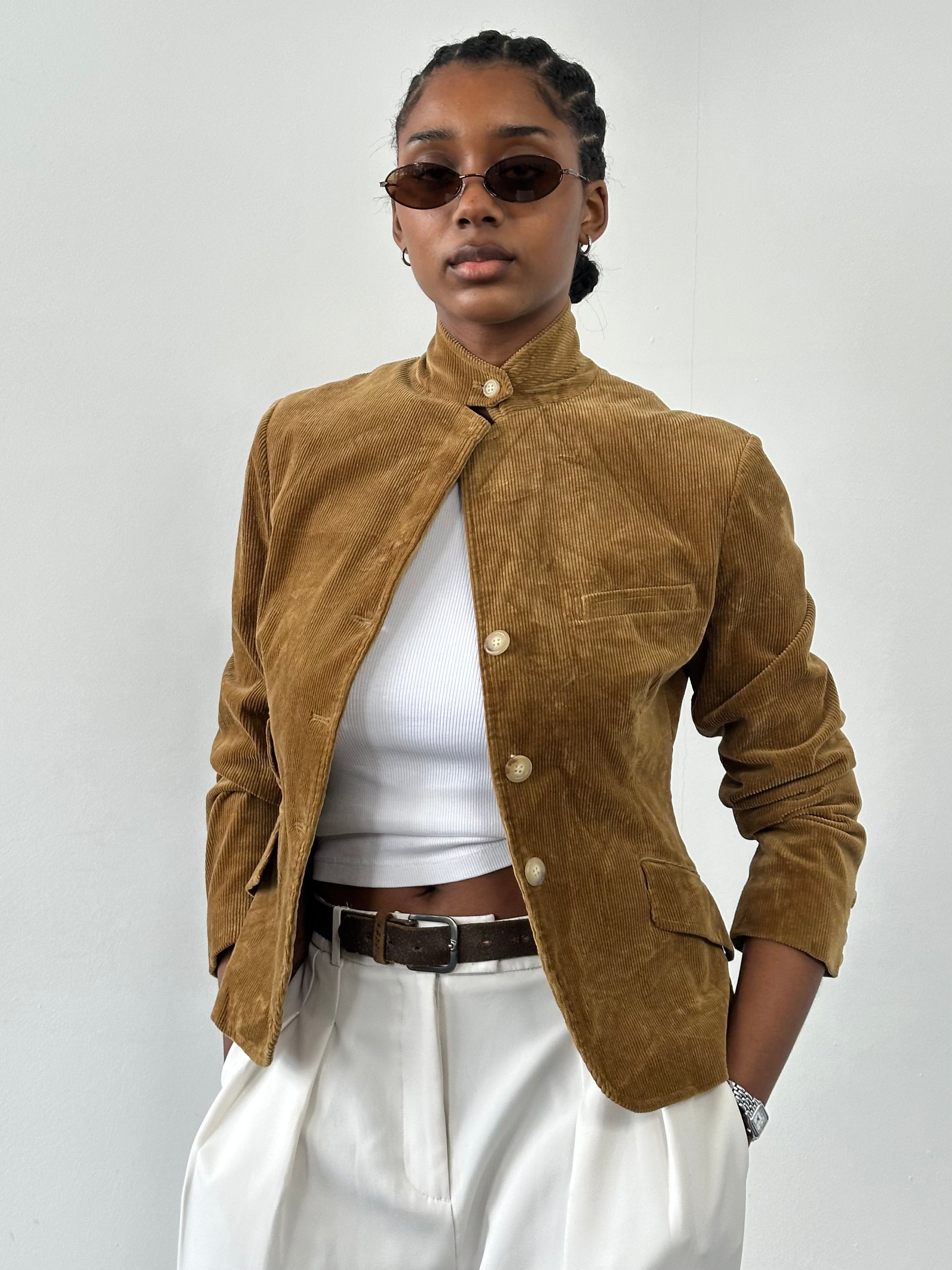 Ralph Lauren 2000s high-neck corduroy blazer in XS, beige color, tailored fit with button closure and classic style.