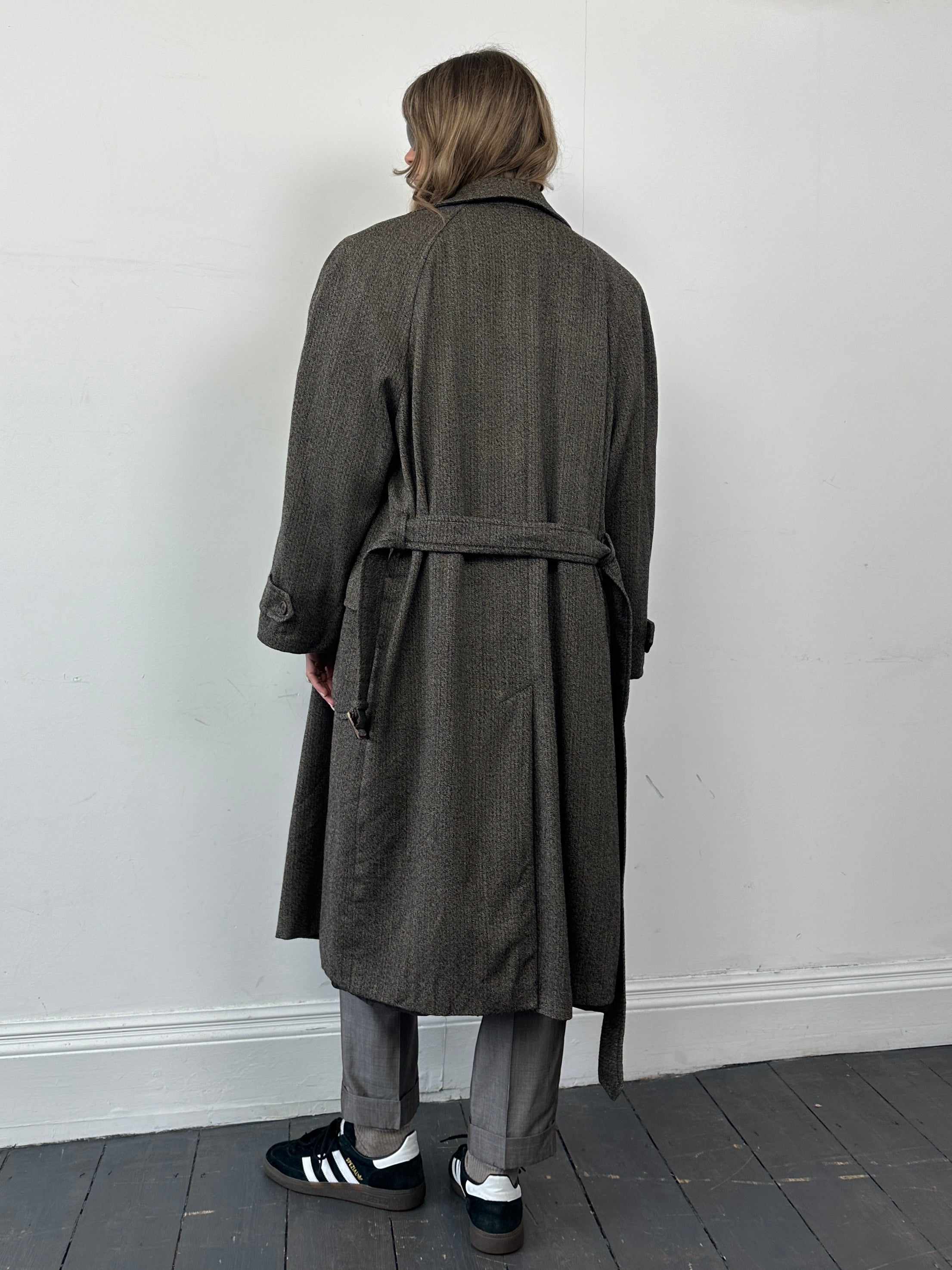 Gianfranco Ferre wool cashmere double-breasted belted trench coat in XL, beige color, displayed on a hanger.