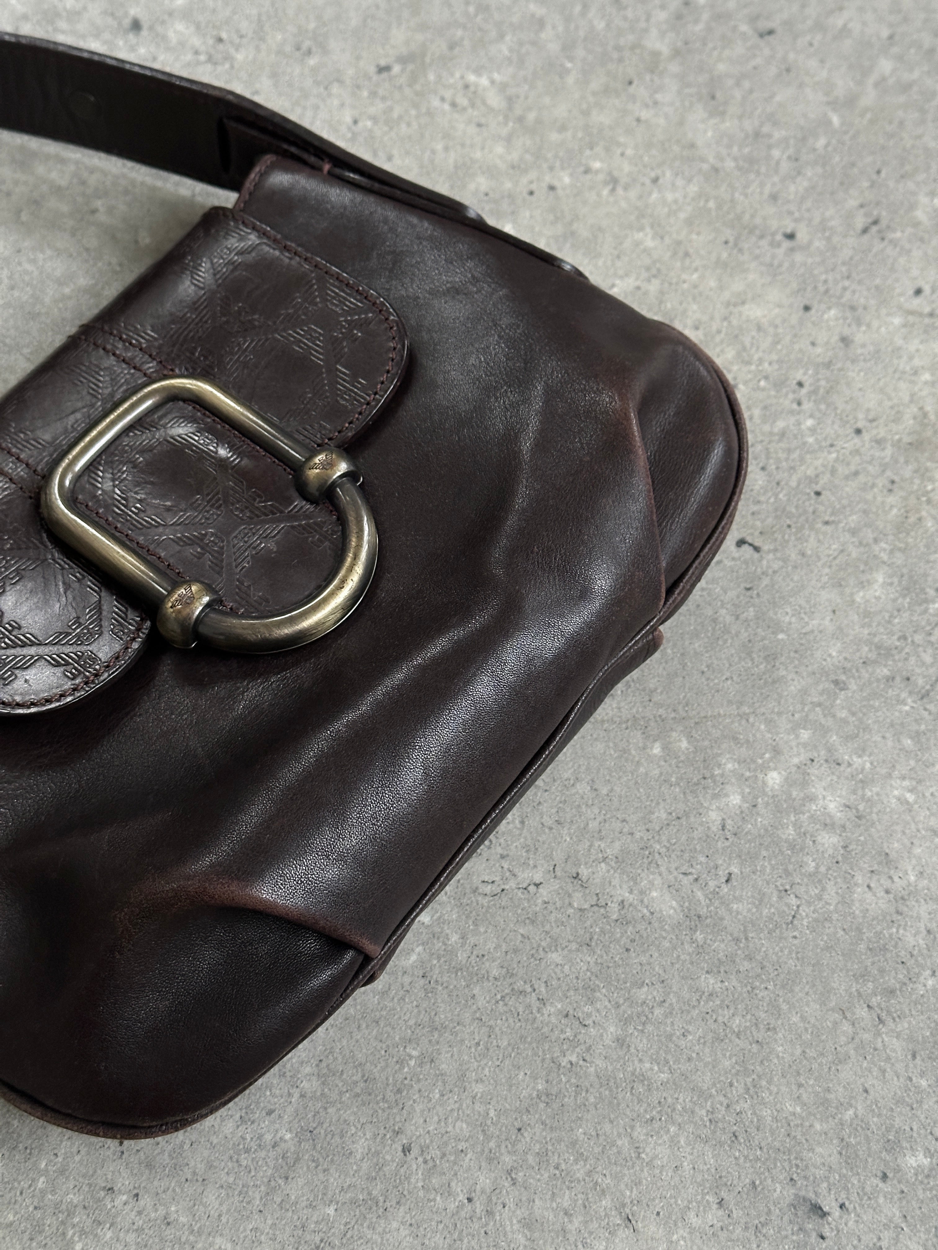 Emporio Armani Hardware Monogram Leather Shoulder Bag showing designer logo hardware and sleek leather strap.