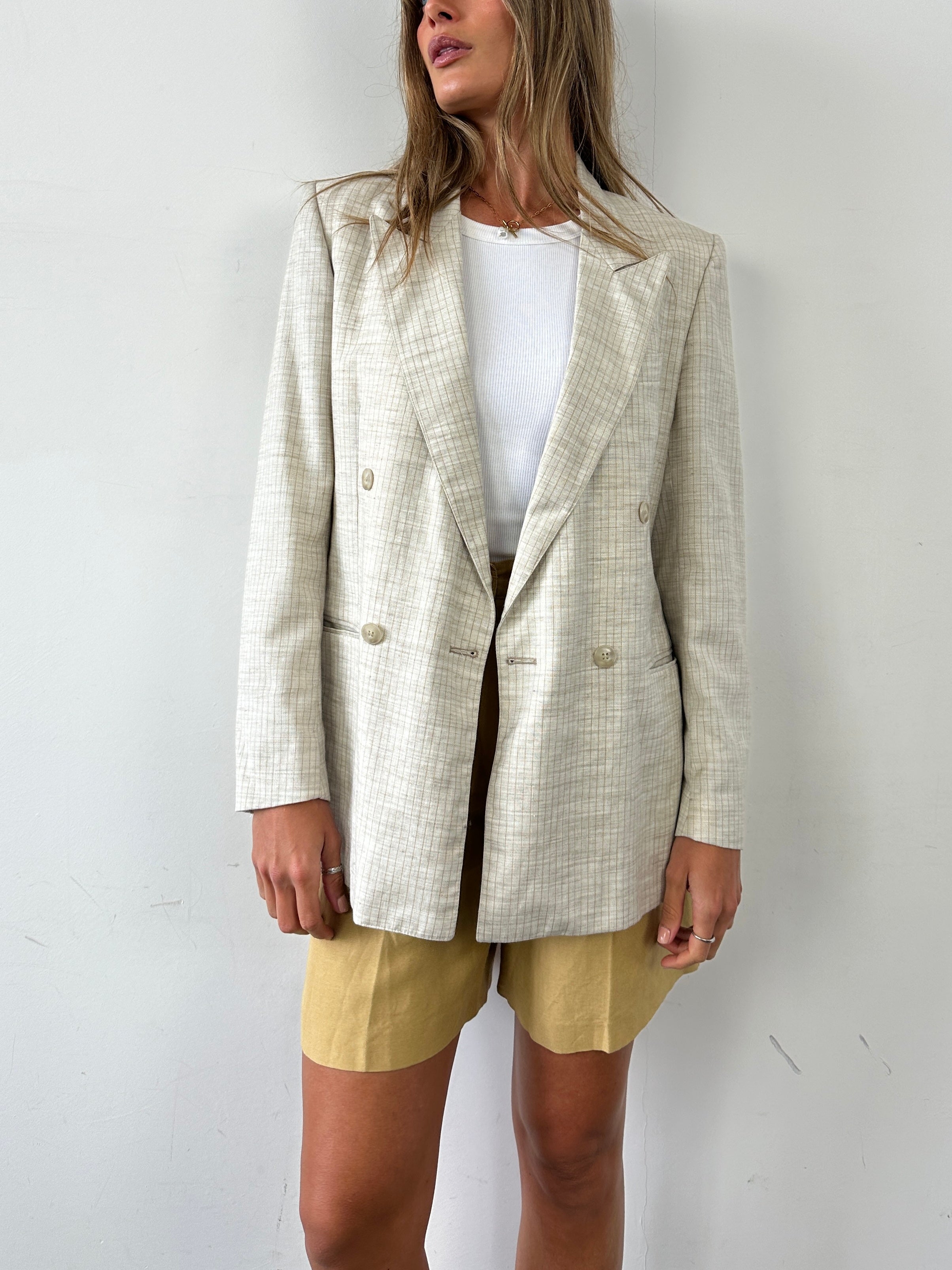 Vintage linen pinstripe double-breasted blazer for women, tailored fit with classic style, in size small.