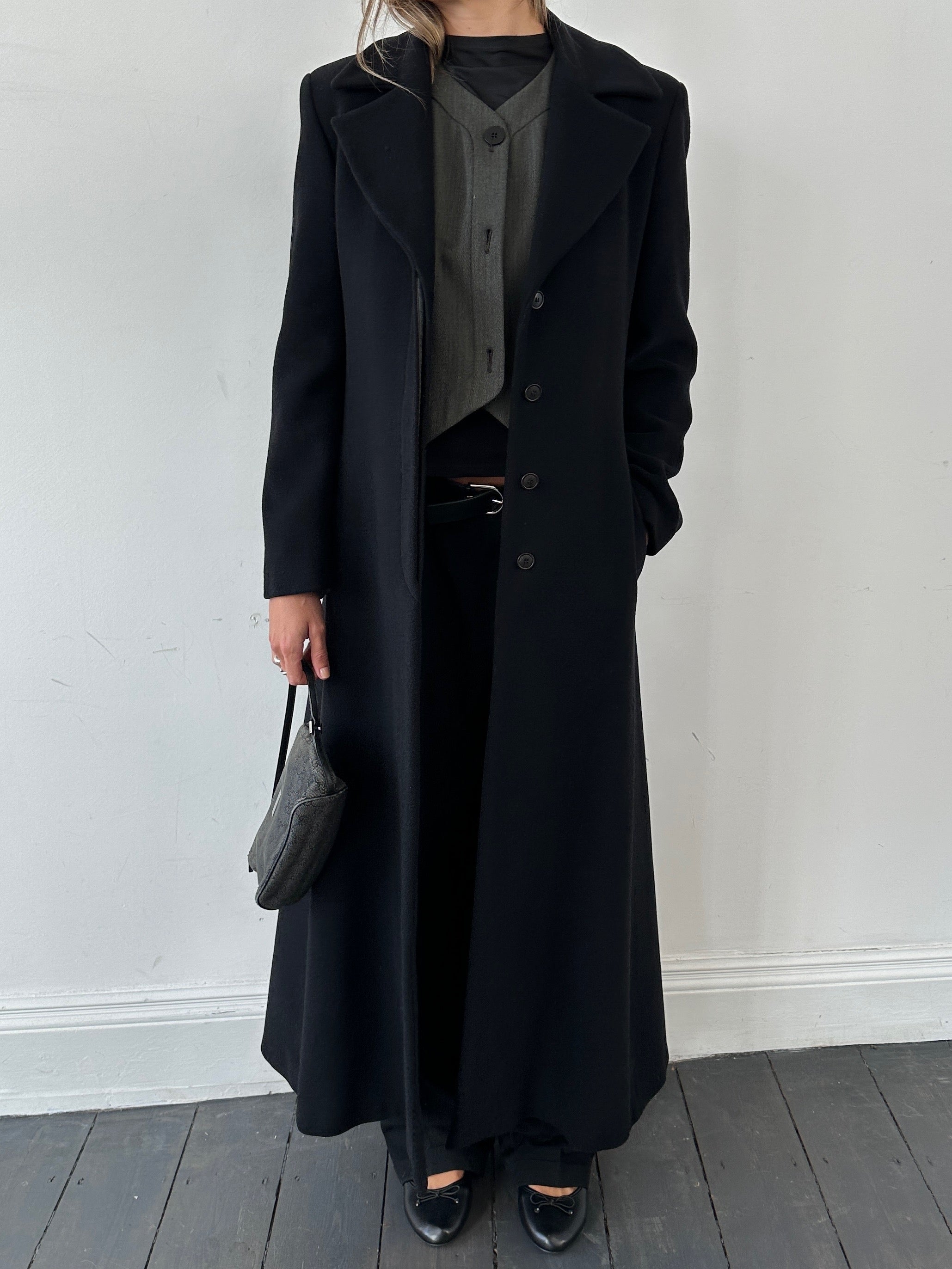 Emporio Armani A-line floor-length cashmere coat in black, featuring a sleek design and classic style.