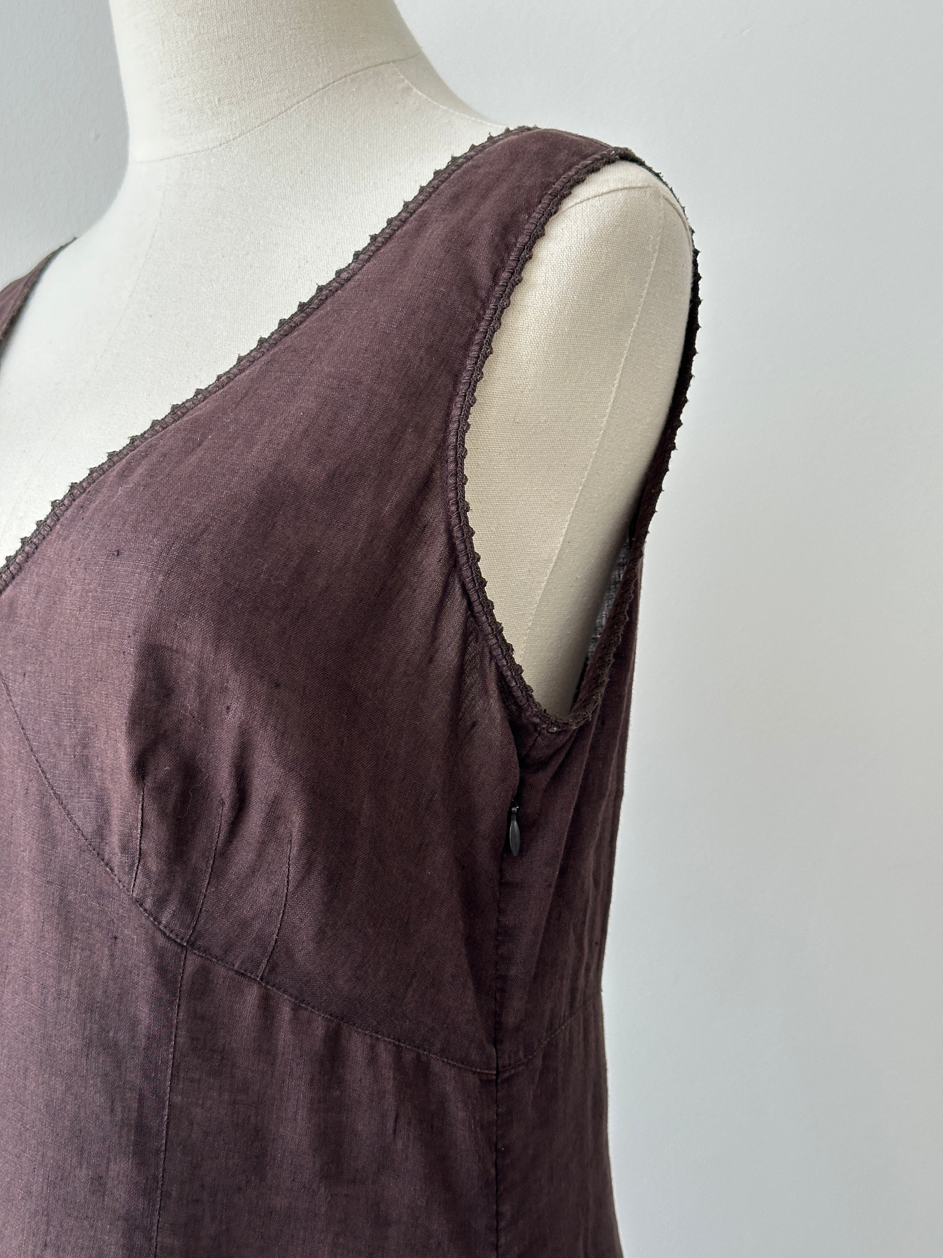 Vintage 2000s Pure Linen V Neck Midi Dress - M
