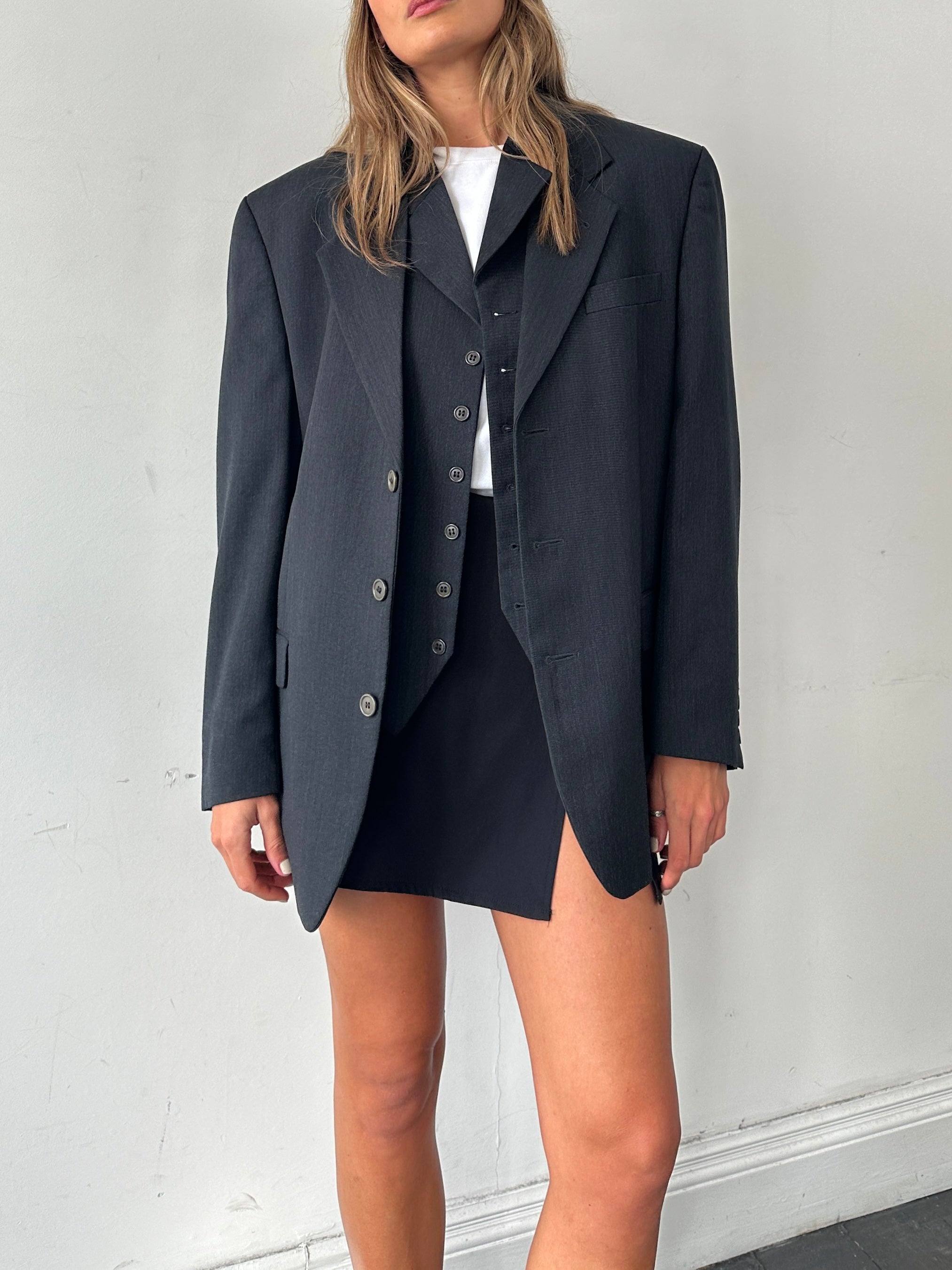 Pierre Cardin two-piece blazer and waistcoat set in size 40R/L, tailored formal suit for men, shown on a hanger.