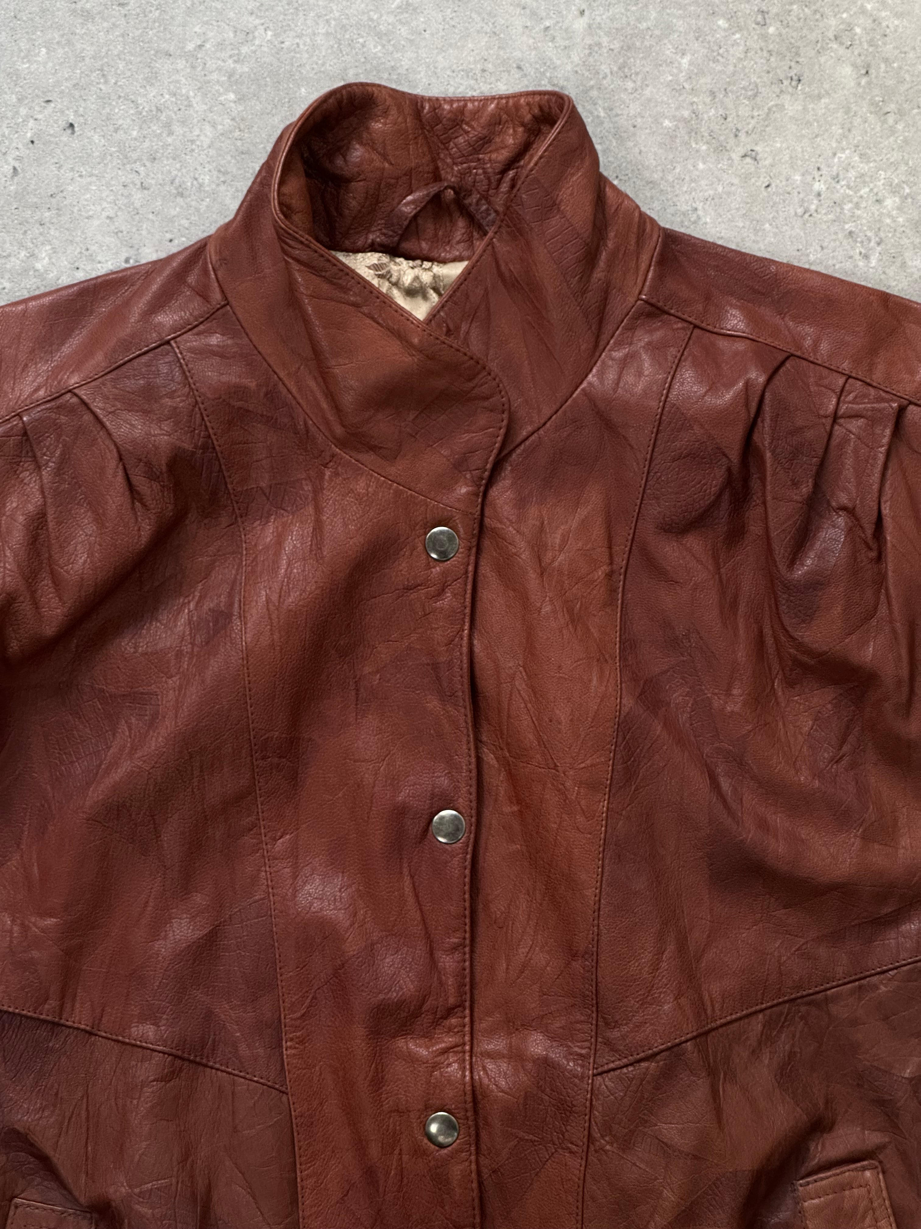 Vintage 1980s high neck leather bomber jacket, size large, with classic design and rugged leather texture.