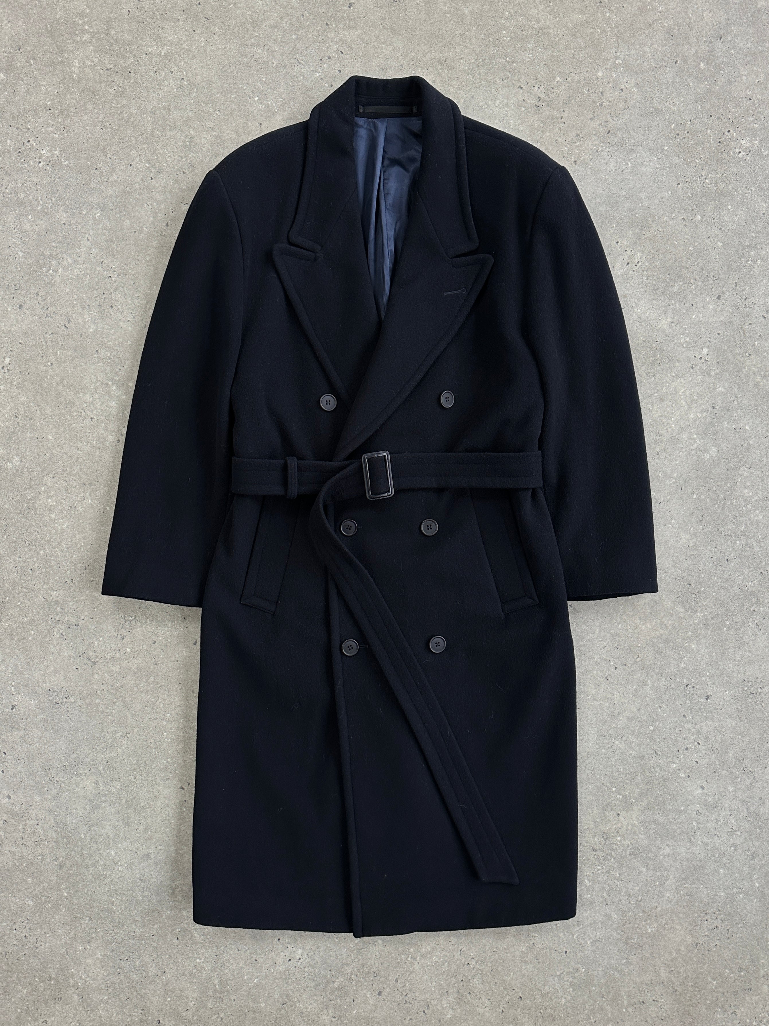 Vintage 1990s wool and cashmere double-breasted belted coat in size L, featuring classic design and warm fabric.