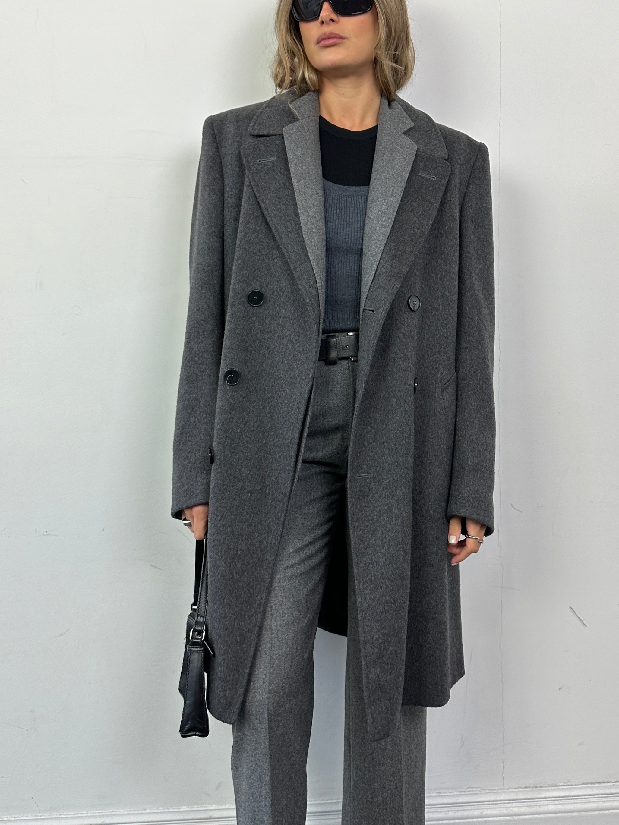 Vintage wool cashmere double-breasted coat in size L, stylish and warm, displayed on a neutral background.