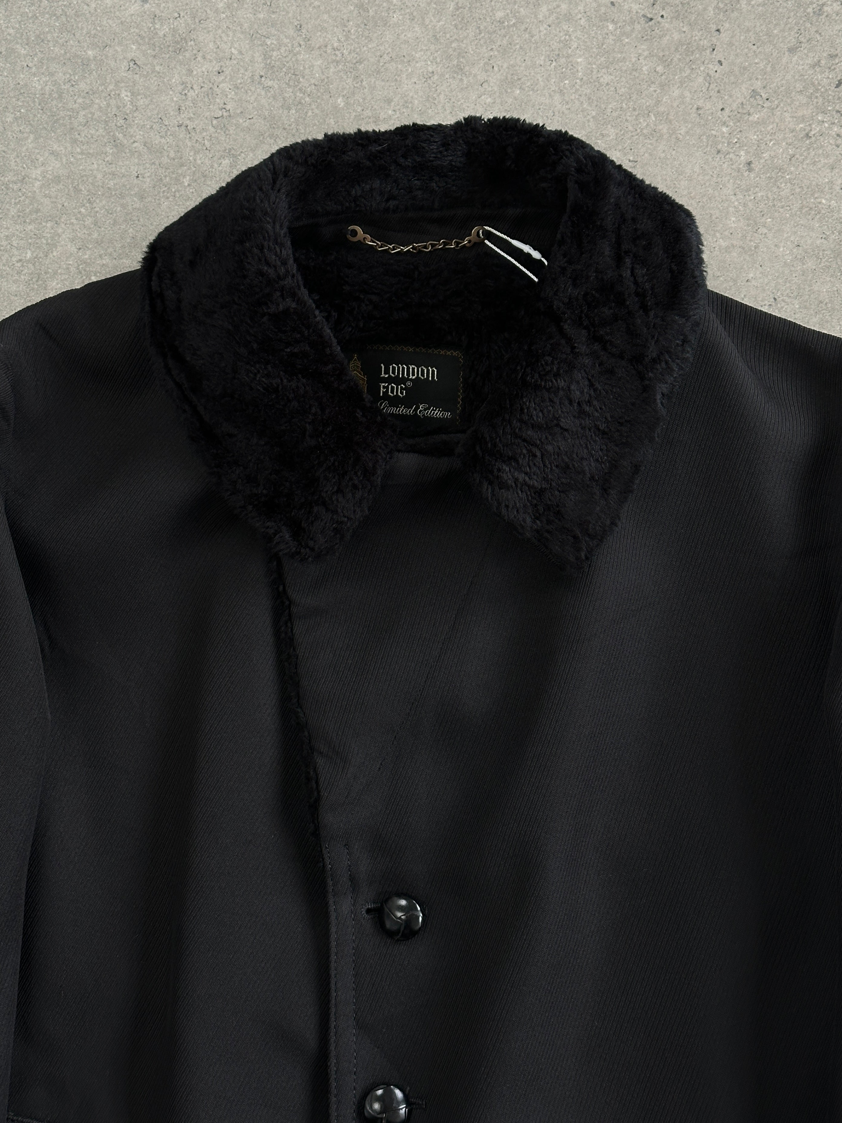 London Fog faux fur lined trench coat in XL size, stylish outerwear with warm interior and classic design.