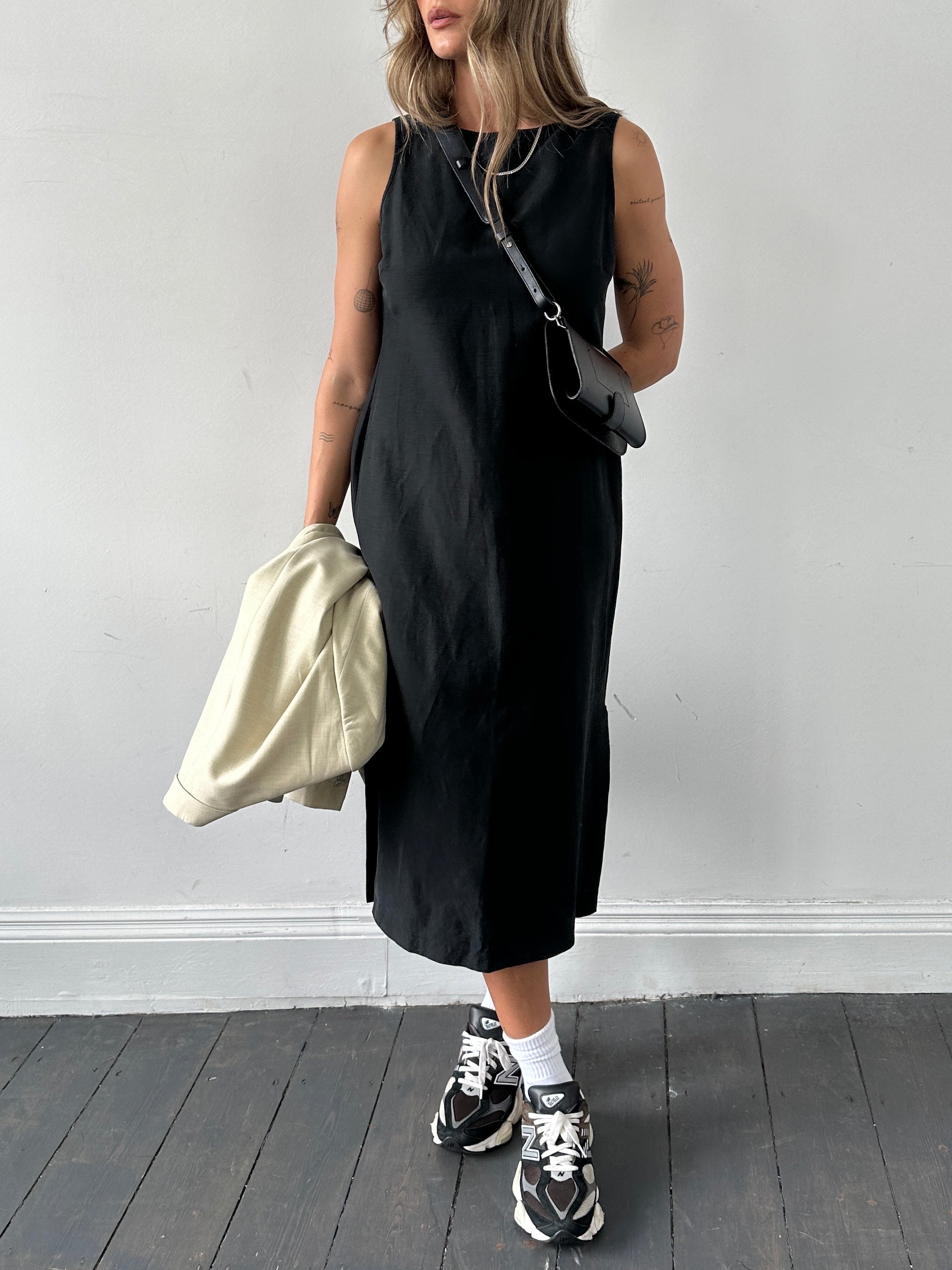 Laura Ashley silk linen midi shift dress in size M, featuring a sleek, elegant design with smooth fabric and a modern silhouette.